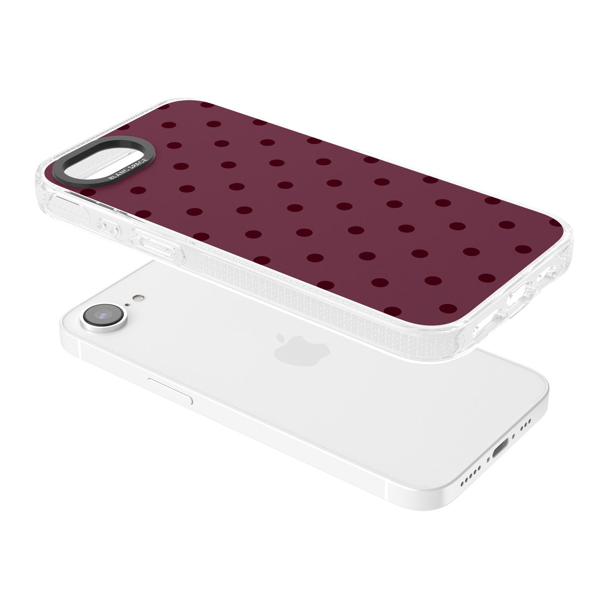 Burgundy Polka Dot minimalist iPhone case featuring black polka dots on a deep burgundy wine red background iPhone 16e / iPhone 16E / iPhone 17e Impact Air Phone Case angled