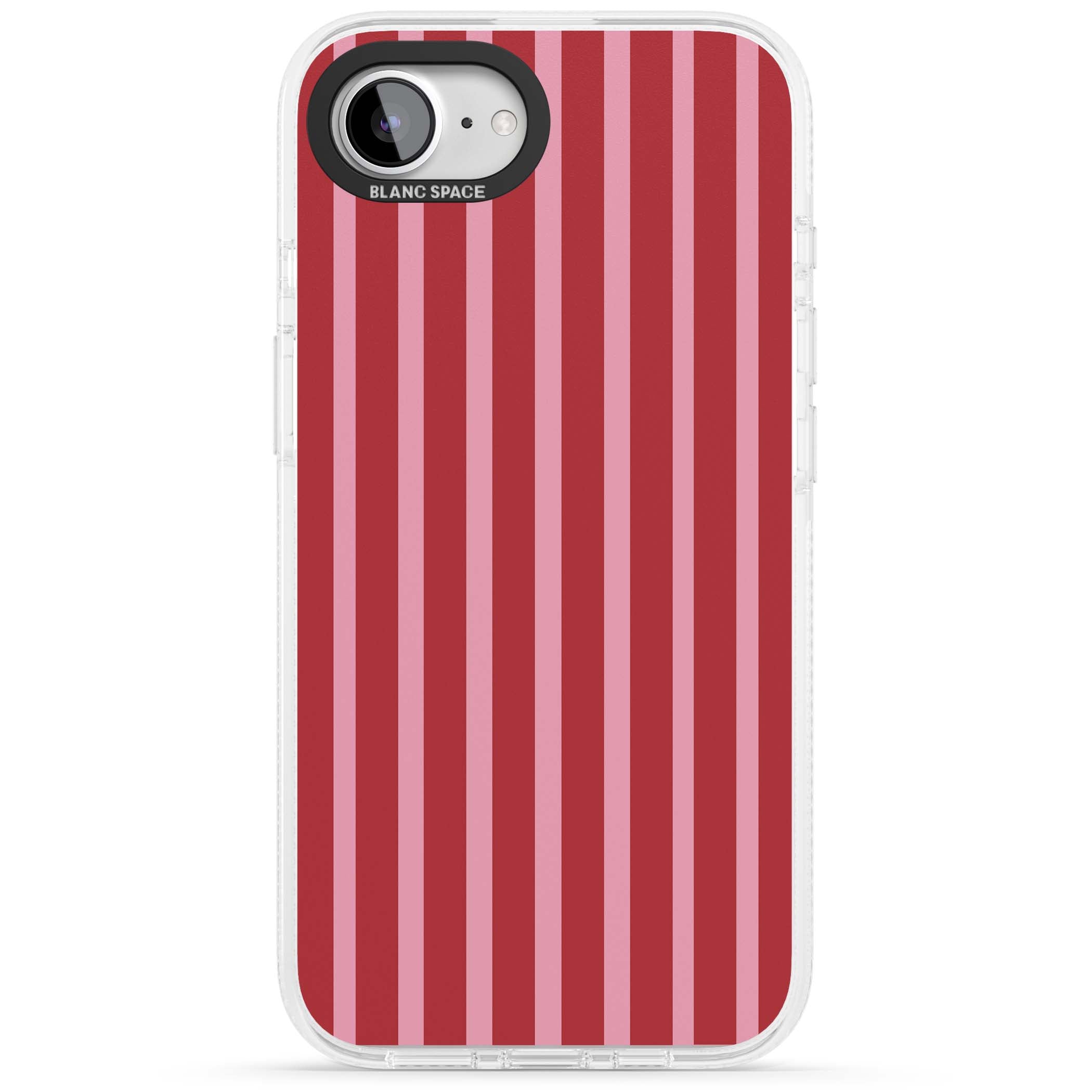 Raspberry Stripe coquette iPhone case featuring red and pink vertical stripes in a candy-inspired pattern | Clear Case Impact Air case for iPhone 16e, iPhone 17e