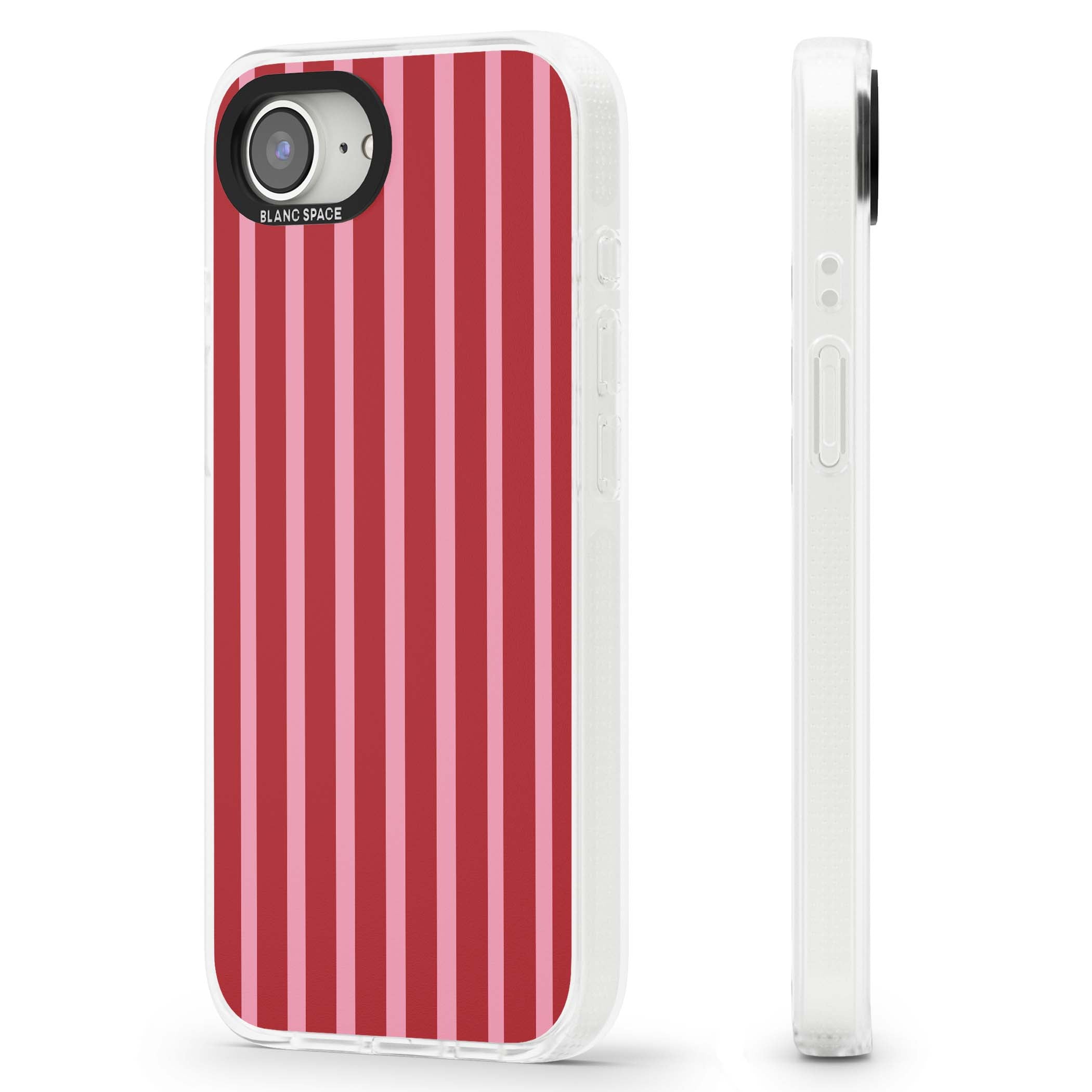 Raspberry Stripe coquette iPhone case featuring red and pink vertical stripes in a candy-inspired pattern | Clear Case Impact Air case for iPhone 16e, iPhone 17e