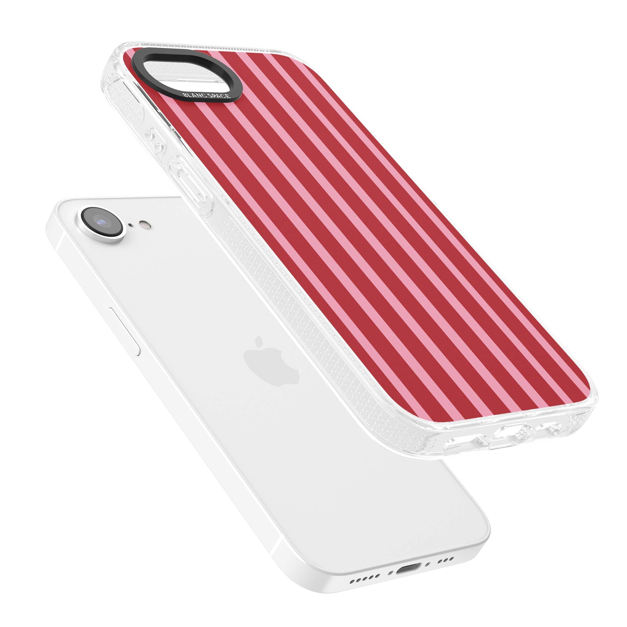 Raspberry Stripe coquette iPhone case featuring red and pink vertical stripes in a candy-inspired pattern | Clear Case Impact Air case for iPhone 16e, iPhone 17e