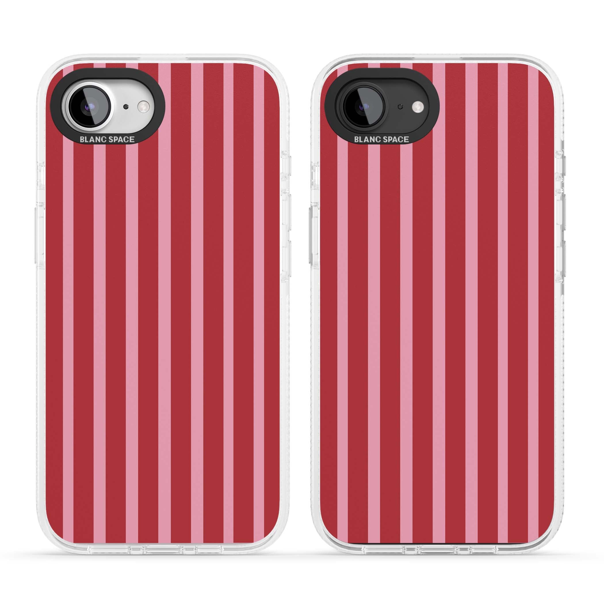Raspberry Stripe coquette iPhone case featuring red and pink vertical stripes in a candy-inspired pattern | Clear Case Impact Air case for iPhone 16e, iPhone 17e