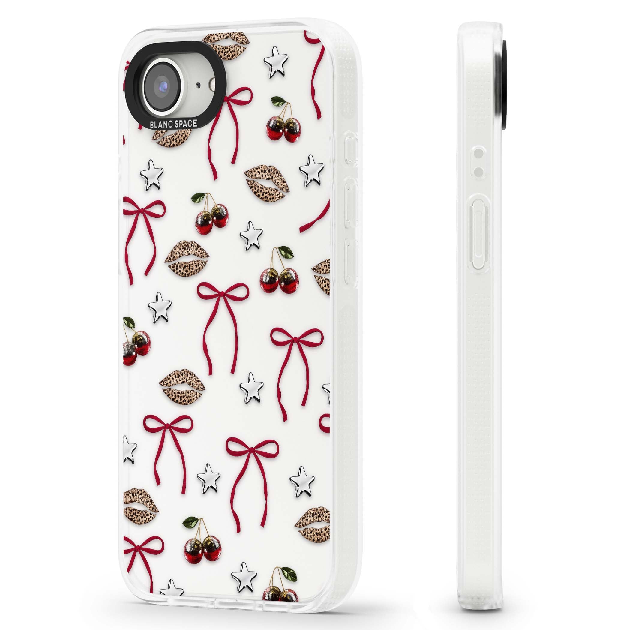 Starlet coquette iPhone case featuring red ribbon bows, disco cherries and leopard-print lips | Clear Case Impact Air case for iPhone 16e, iPhone 17e