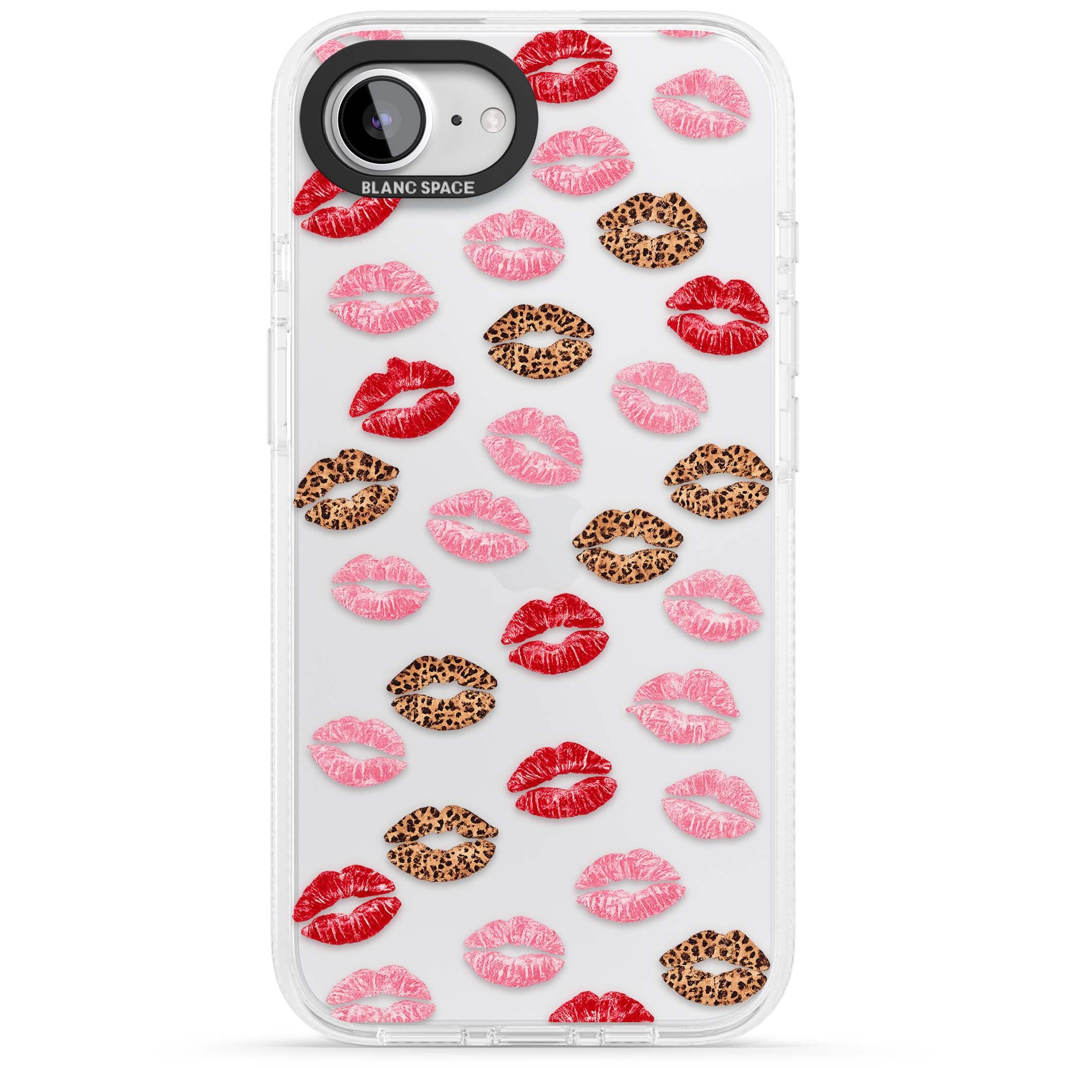 Wild Kisses coquette iPhone case featuring red, pink and leopard print lipstick kiss marks on a clear background | Clear Case Impact Air case for iPhone 16e, iPhone 17e