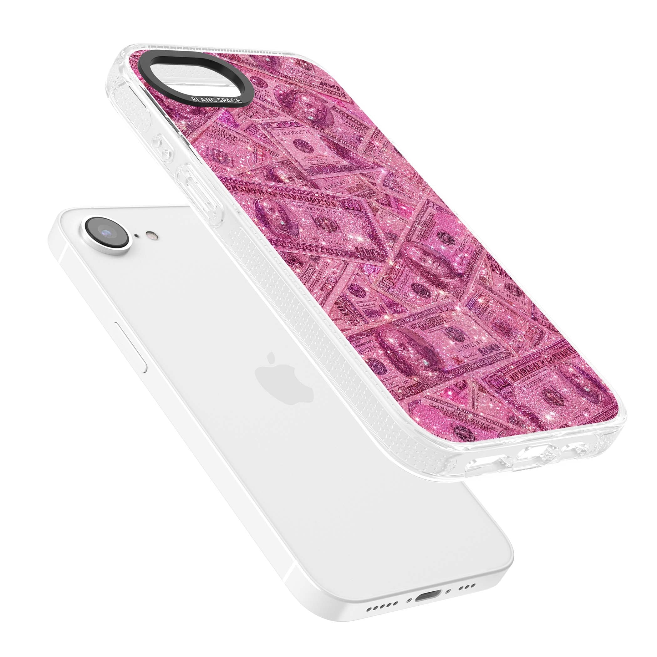 Glamorous baddie iPhone case featuring pink glitter hundred dollar bills and sparkling money wallpaper design | Clear Case Impact Air case for iPhone 16e, iPhone 17e
