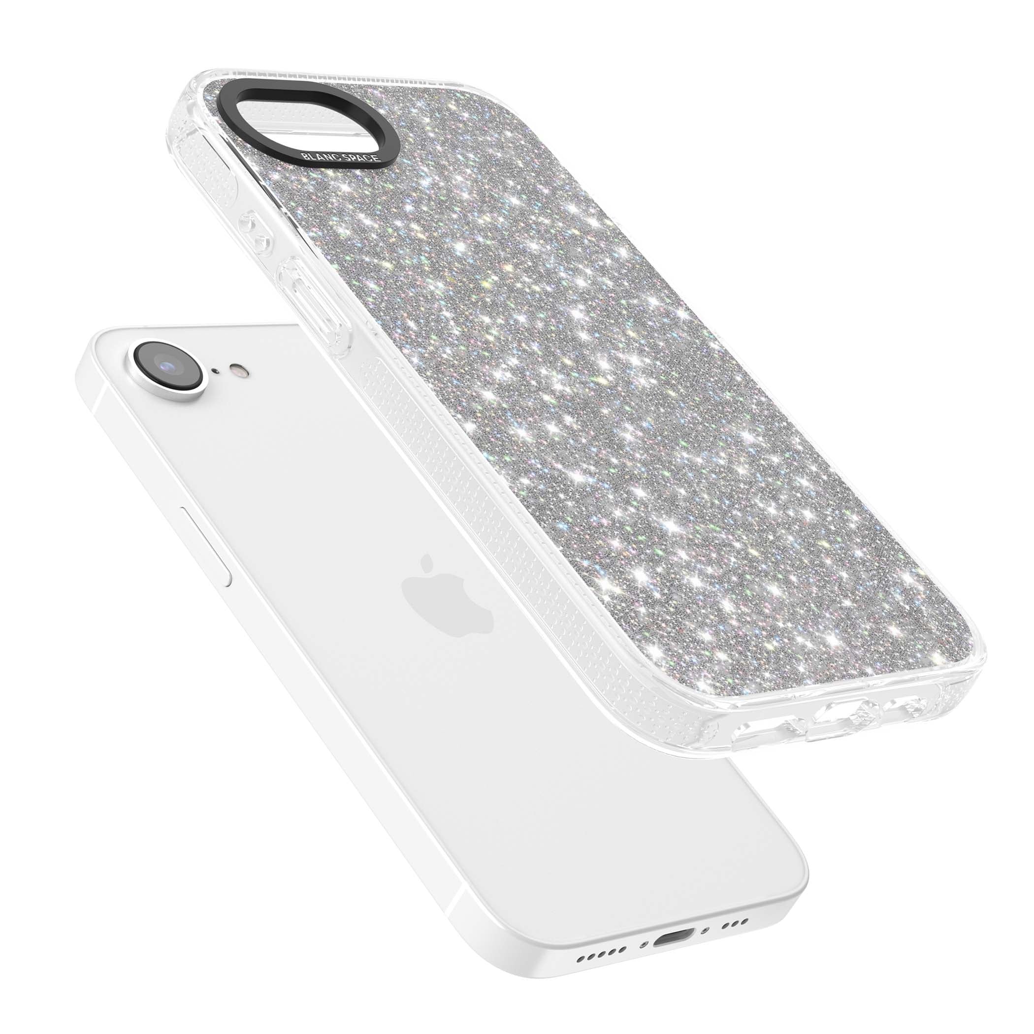 Diamond glam iPhone case featuring silver glitter sparkle and shimmering diamond dust effect | Clear Case Impact Air case for iPhone 16e, iPhone 17e