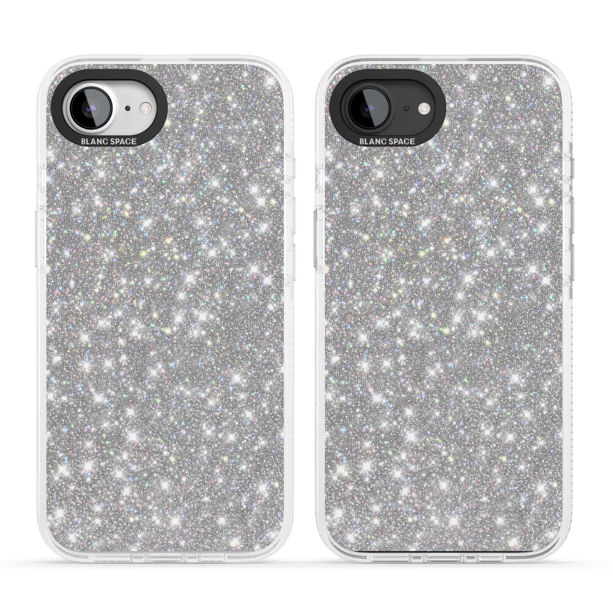Diamond glam iPhone case featuring silver glitter sparkle and shimmering diamond dust effect | Clear Case Impact Air case for iPhone 16e, iPhone 17e