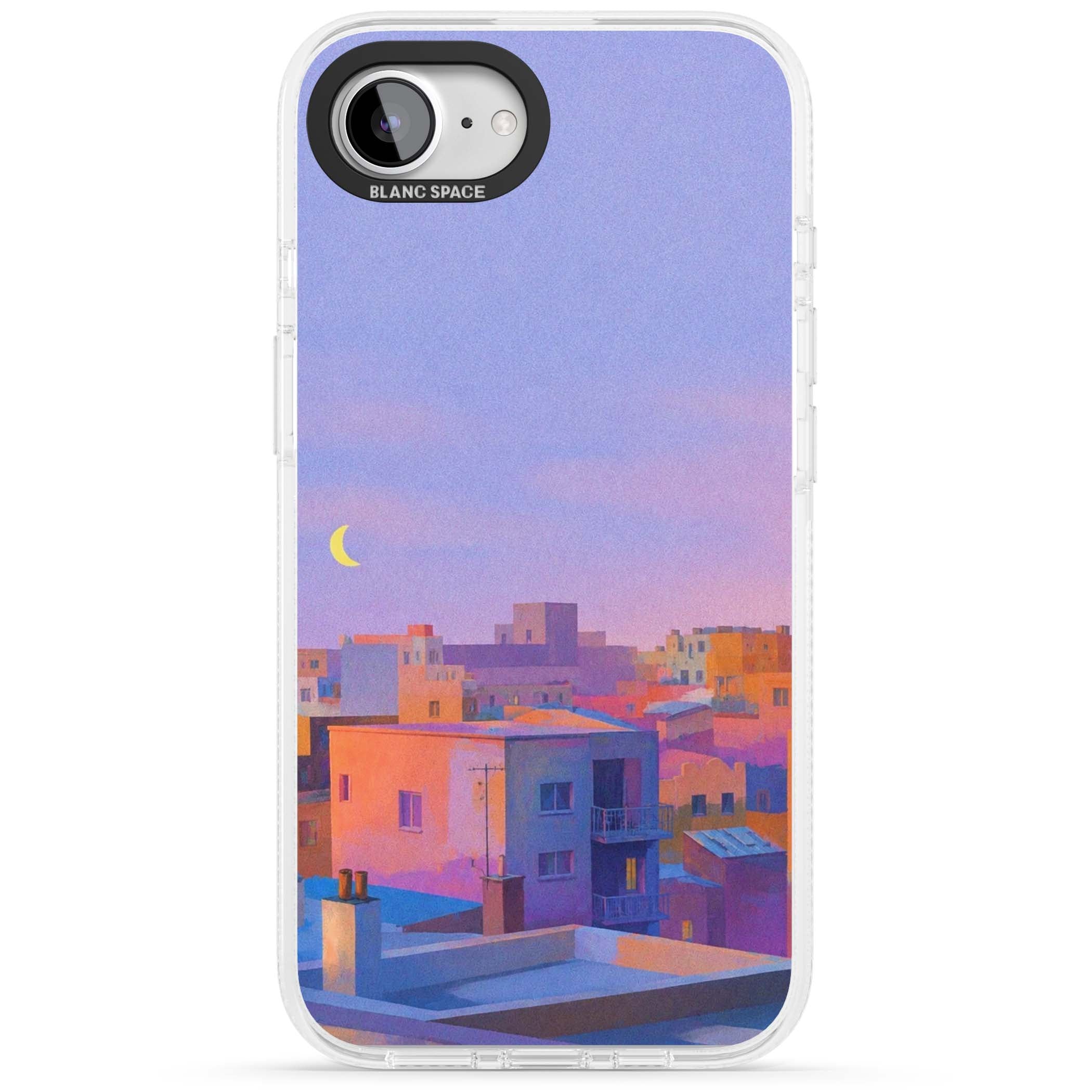 Twilight Rooftops vaporwave iPhone case featuring a pastel sunset cityscape, painted rooftops and a crescent moon. | Clear Case Impact Air case for iPhone 16e, iPhone 17e