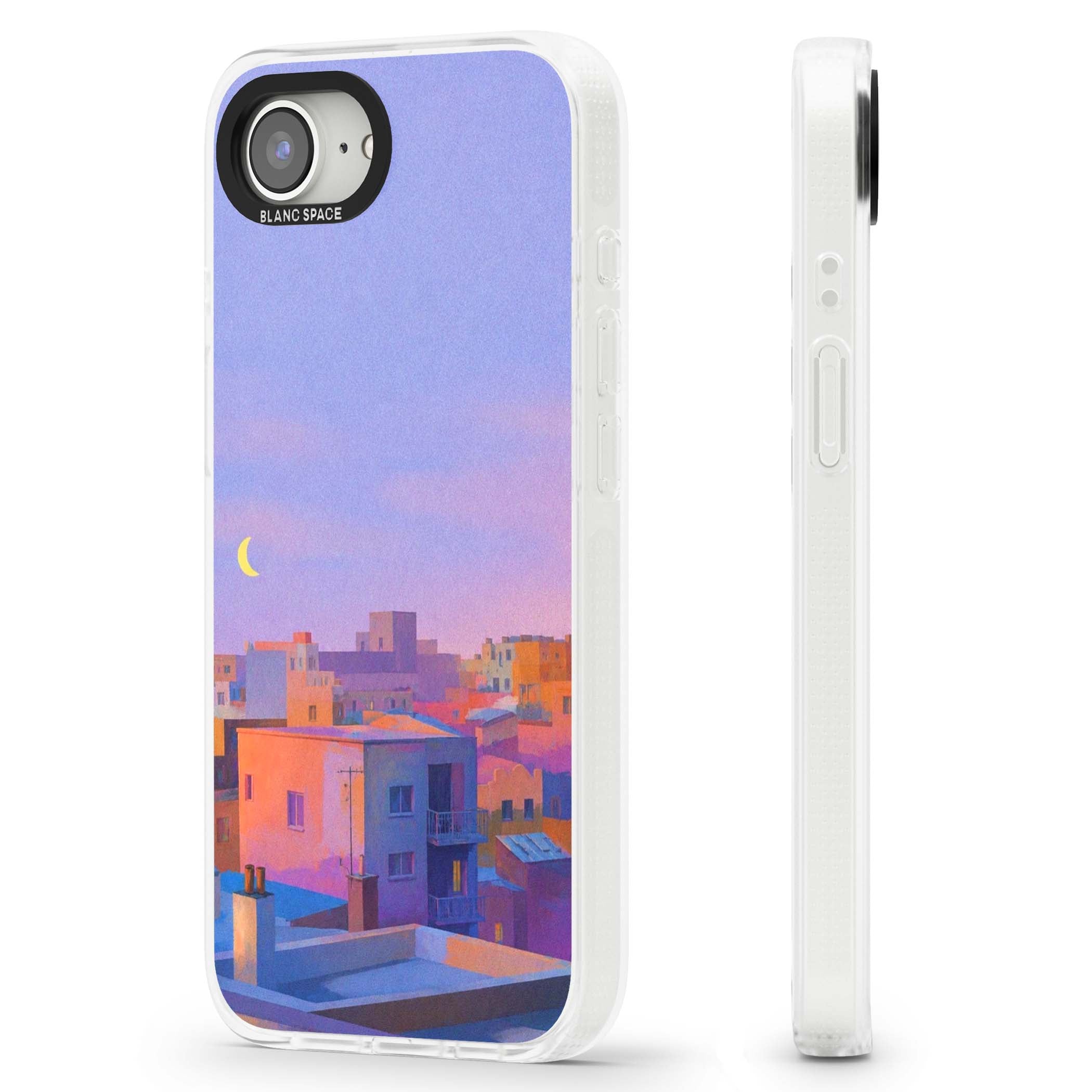 Twilight Rooftops vaporwave iPhone case featuring a pastel sunset cityscape, painted rooftops and a crescent moon. | Clear Case Impact Air case for iPhone 16e, iPhone 17e