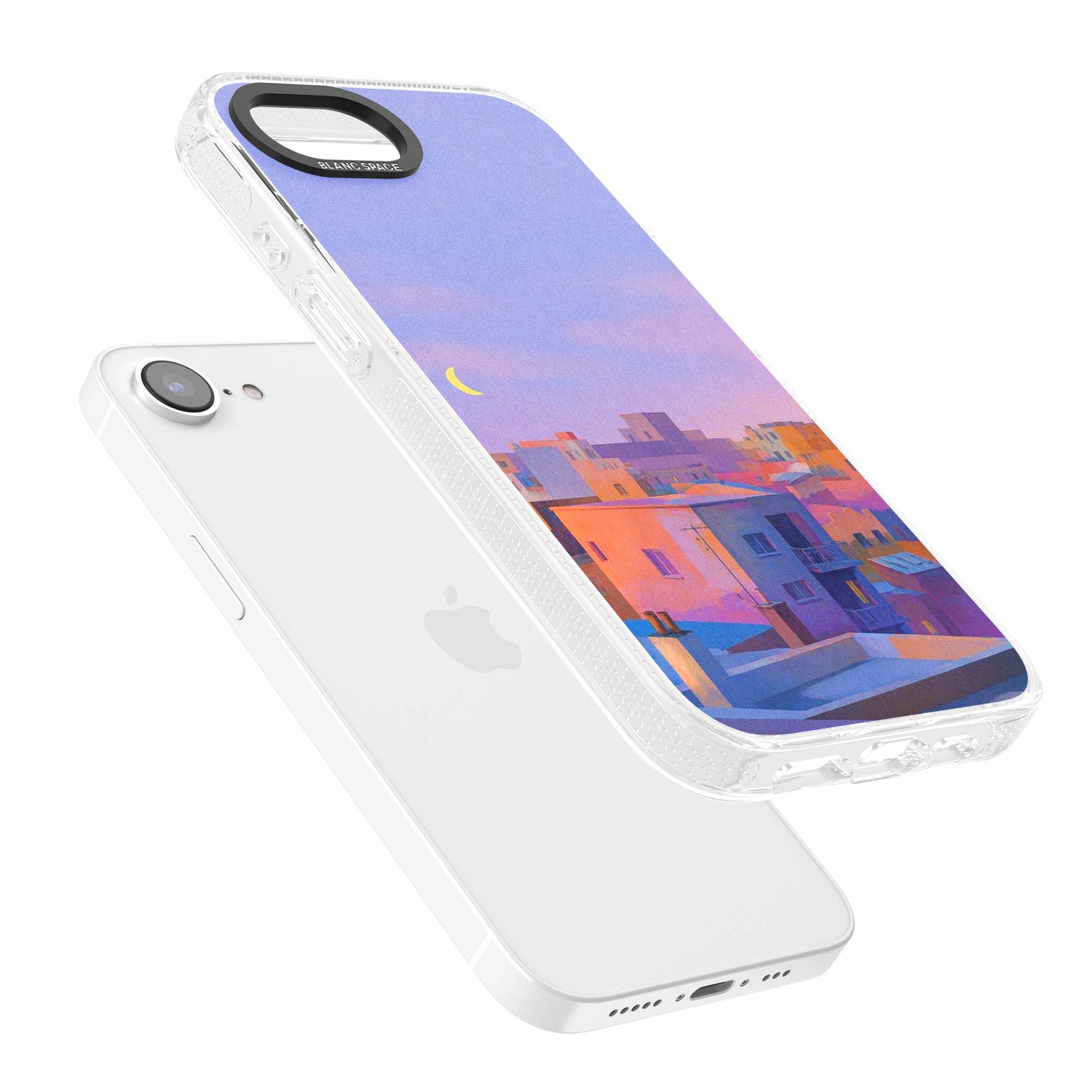 Twilight Rooftops vaporwave iPhone case featuring a pastel sunset cityscape, painted rooftops and a crescent moon. | Clear Case Impact Air case for iPhone 16e, iPhone 17e