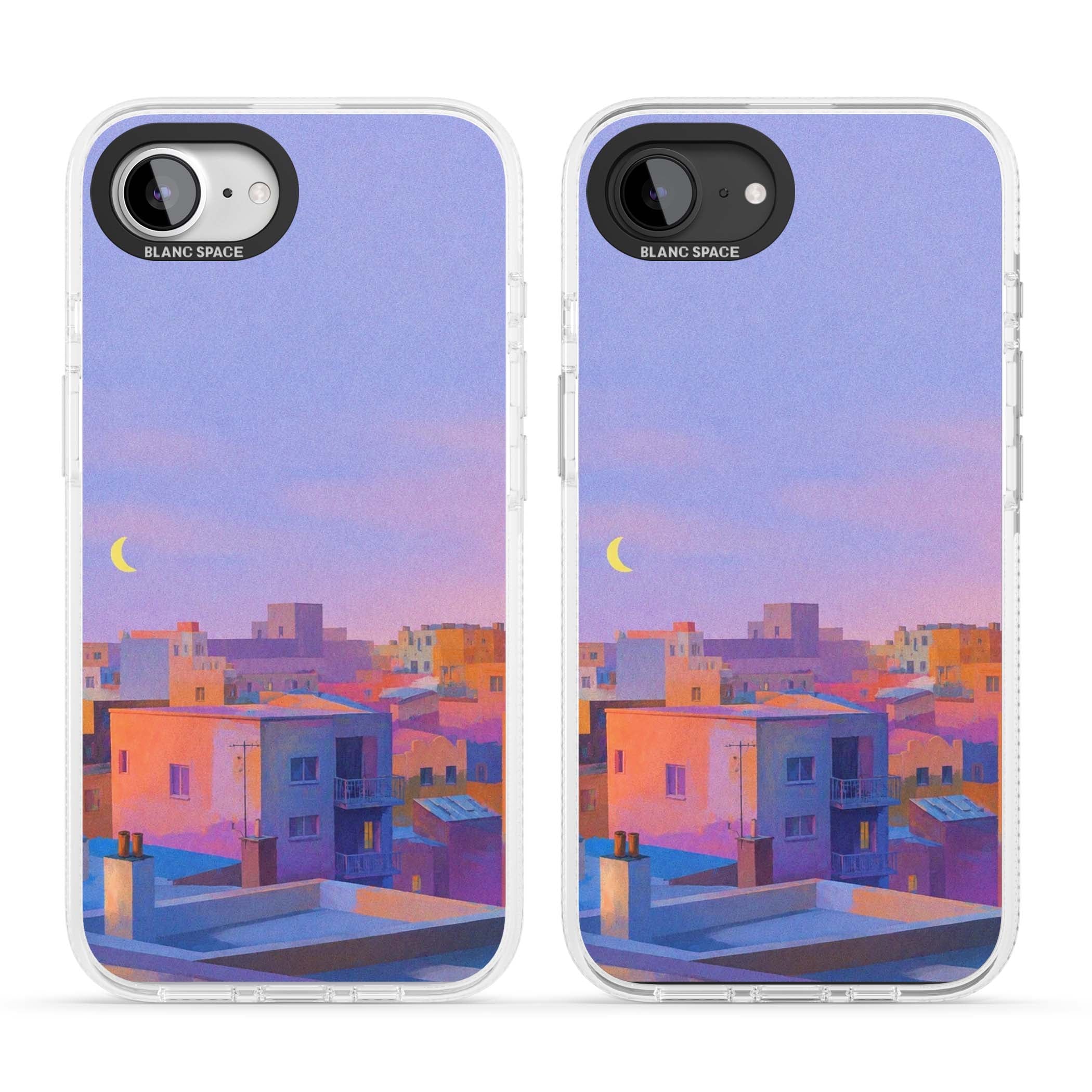 Twilight Rooftops vaporwave iPhone case featuring a pastel sunset cityscape, painted rooftops and a crescent moon. | Clear Case Impact Air case for iPhone 16e, iPhone 17e