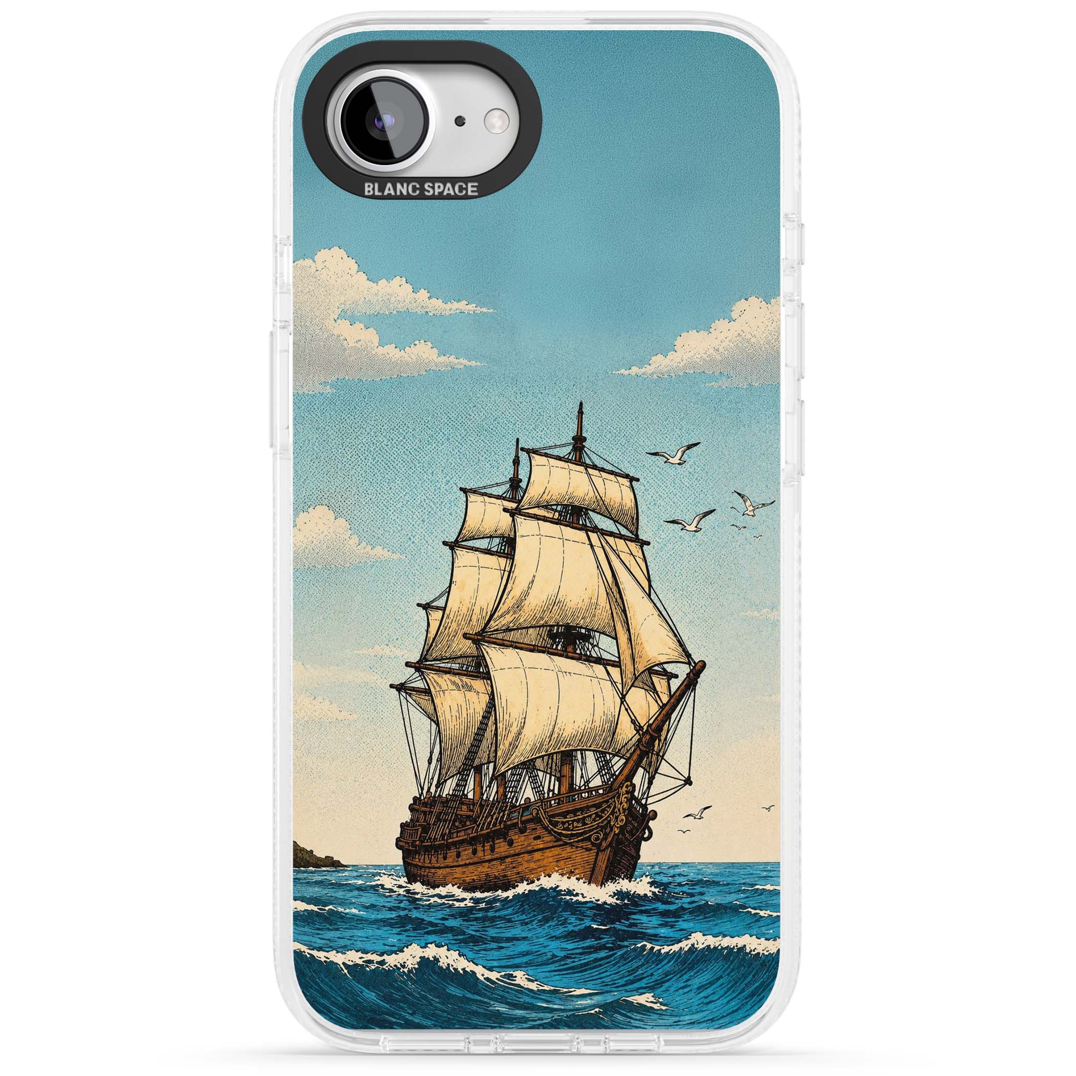 Ship at Sea nautical iPhone case featuring a vintage tall ship, ocean waves and seagulls | Clear Case Impact Air case for iPhone 16e, iPhone 17e
