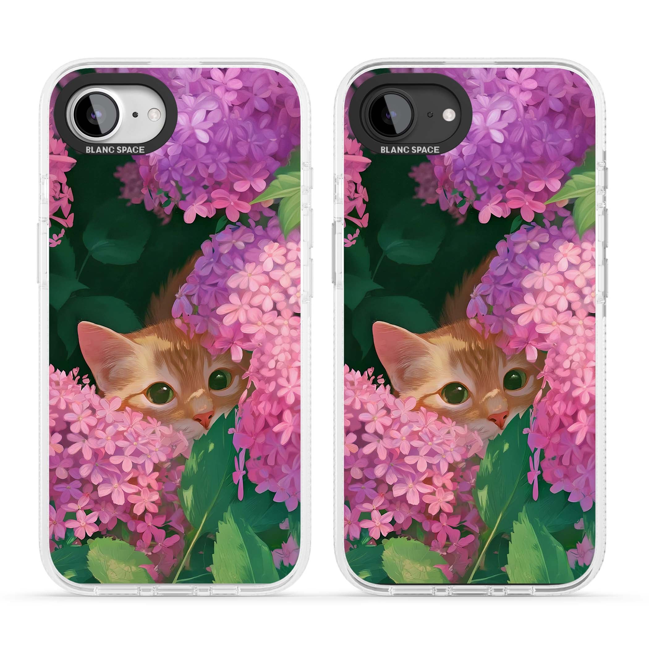 Cat In Pink Flowers cottagecore iPhone case featuring a ginger kitten peeking through lilac and pink hydrangea flo | Clear Case Impact Air case for iPhone 16e, iPhone 17e