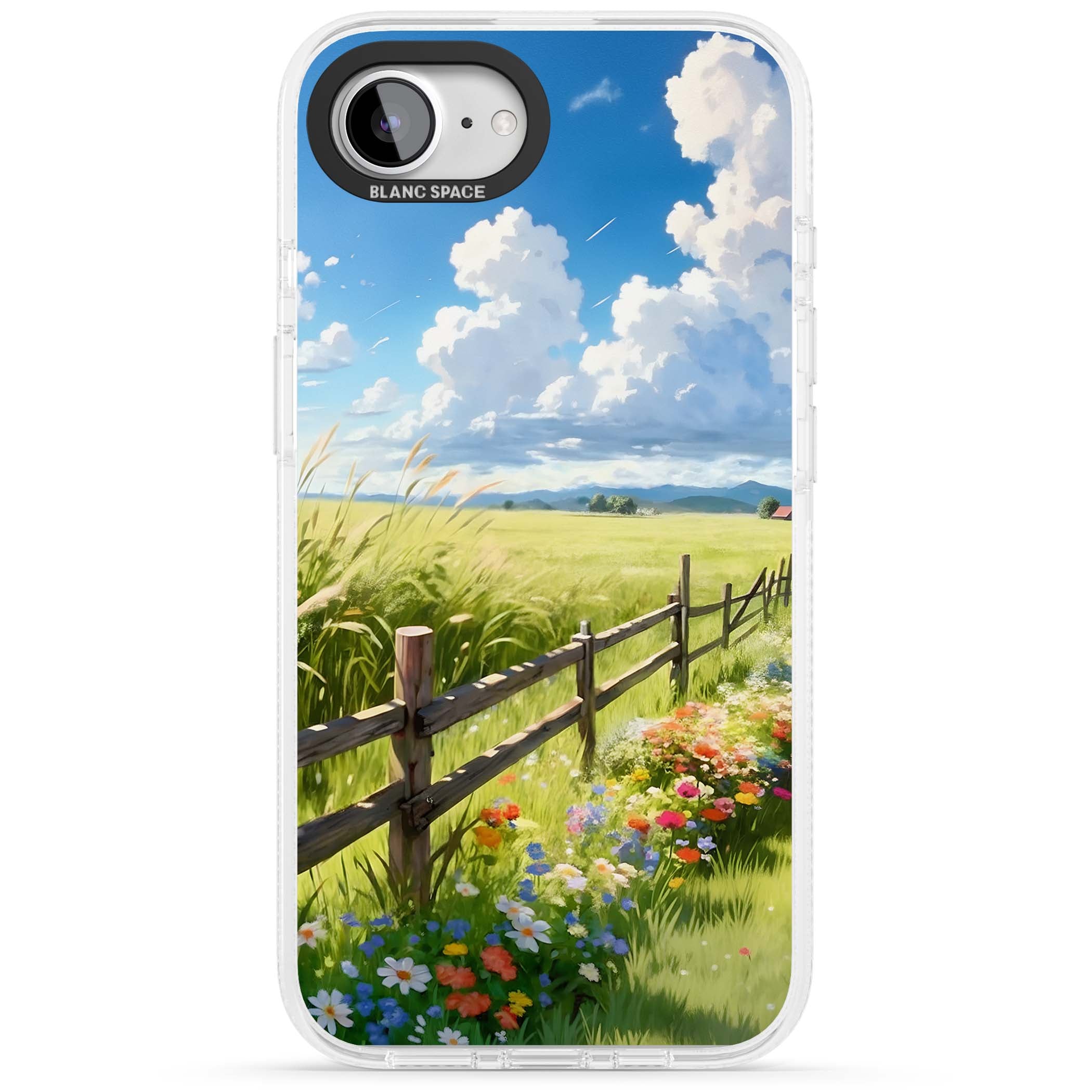 A Countryside Afternoon cottagecore iPhone case featuring a painted countryside meadow, wooden fence, and wildflowers beneath | Clear Case Impact Air case for iPhone 16e, iPhone 17e