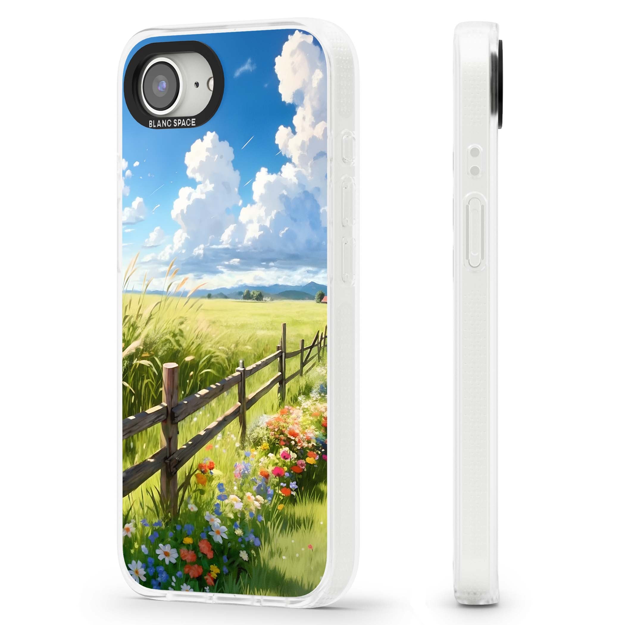 A Countryside Afternoon cottagecore iPhone case featuring a painted countryside meadow, wooden fence, and wildflowers beneath | Clear Case Impact Air case for iPhone 16e, iPhone 17e