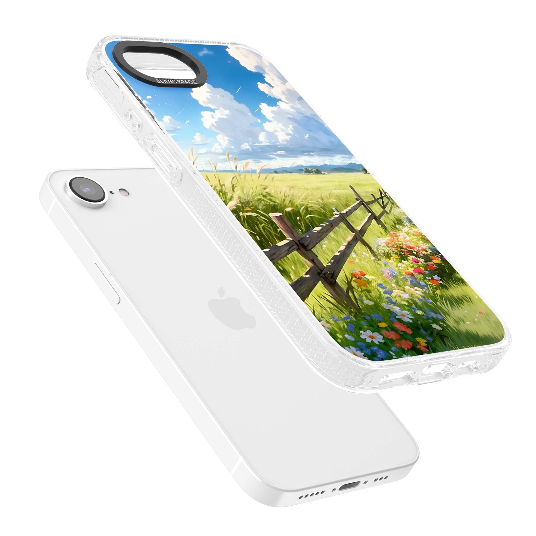 A Countryside Afternoon cottagecore iPhone case featuring a painted countryside meadow, wooden fence, and wildflowers beneath | Clear Case Impact Air case for iPhone 16e, iPhone 17e