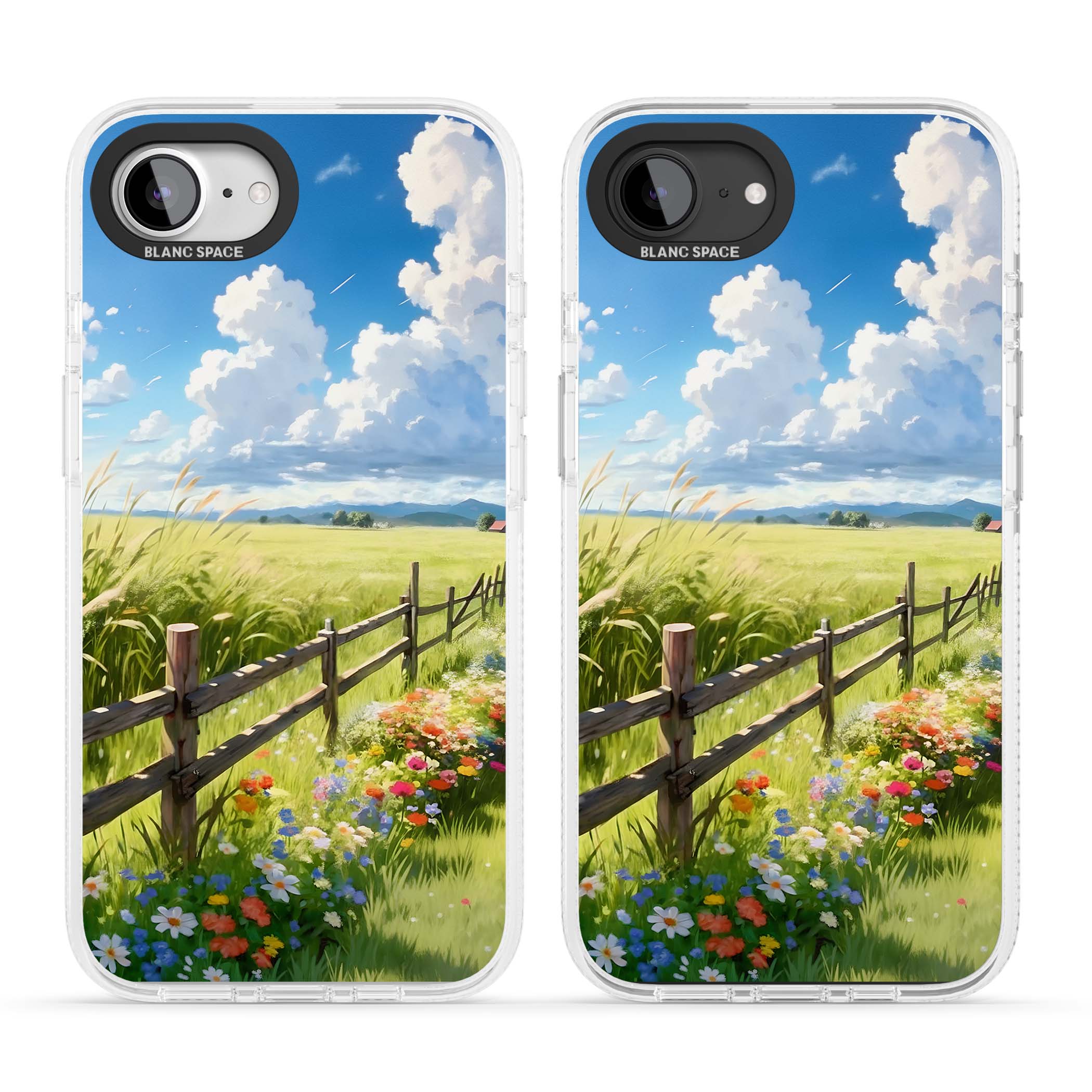 A Countryside Afternoon cottagecore iPhone case featuring a painted countryside meadow, wooden fence, and wildflowers beneath | Clear Case Impact Air case for iPhone 16e, iPhone 17e