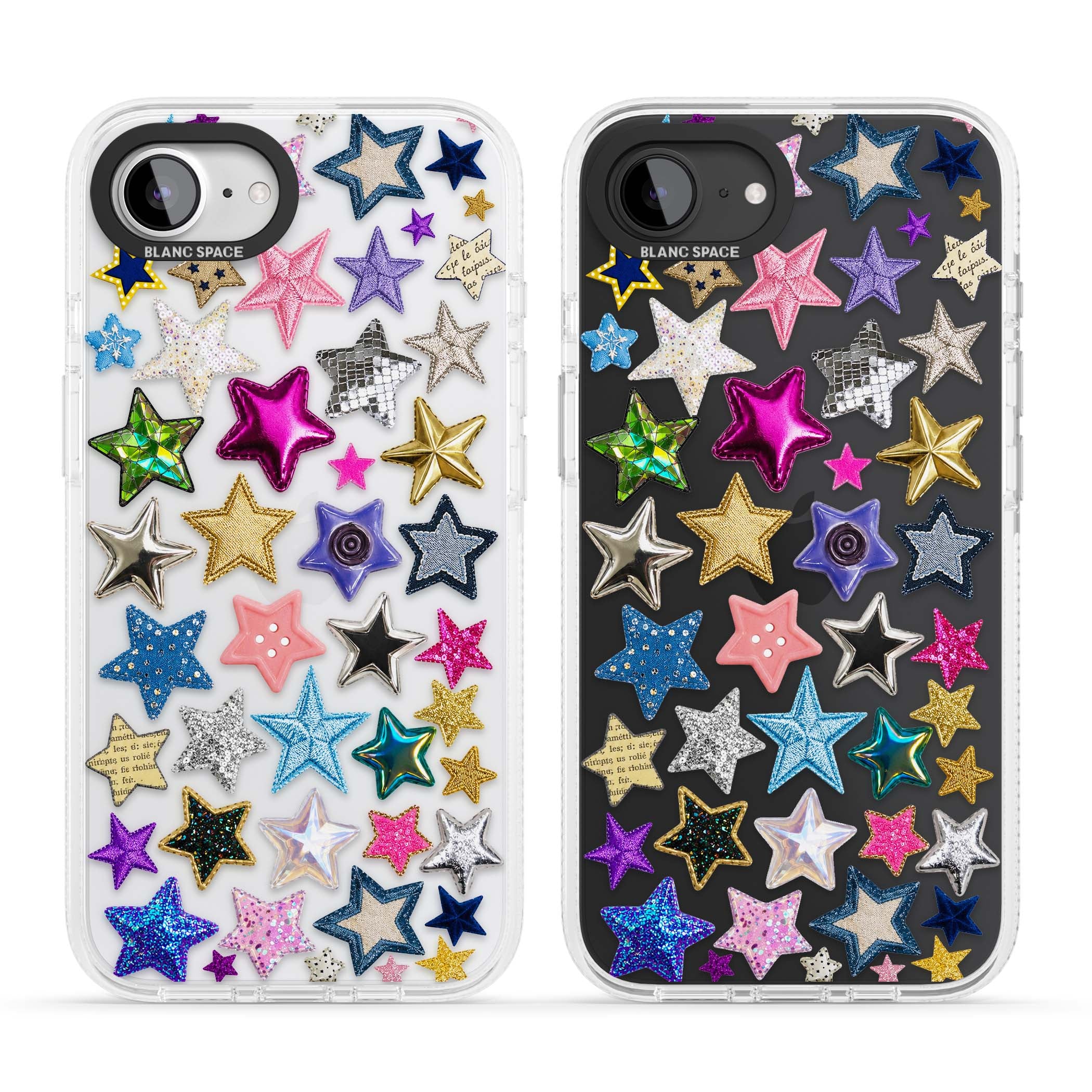 Crafty Star Mix Y2K iPhone case featuring embroidered, sequinned and glitter star patches in rainbow colours | Clear Case Impact Air case for iPhone 16e, iPhone 17e