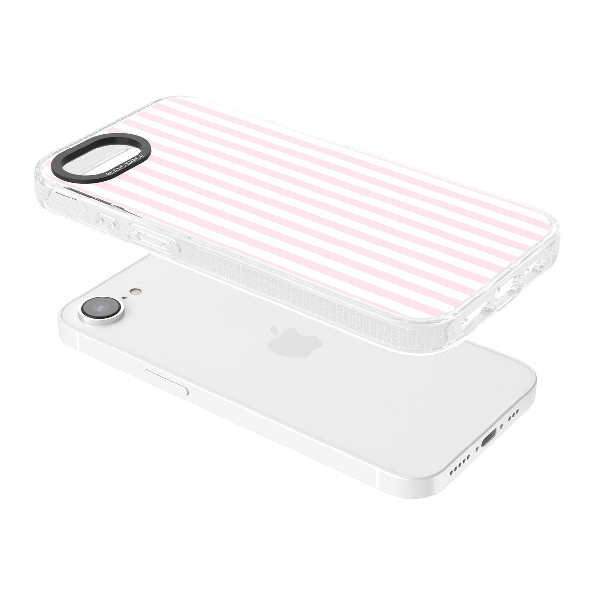 Pink Stripe preppy iPhone case featuring soft pastel pink and white vertical candy stripes iPhone 16e / iPhone 16E / iPhone 17e Impact Air Phone Case angled