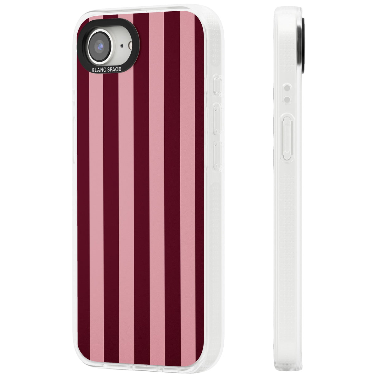 Bordeaux Belle preppy iPhone case featuring bold vertical stripes in burgundy and soft blush pink iPhone 16e / iPhone 16E / iPhone 17e Impact Air Phone Case side