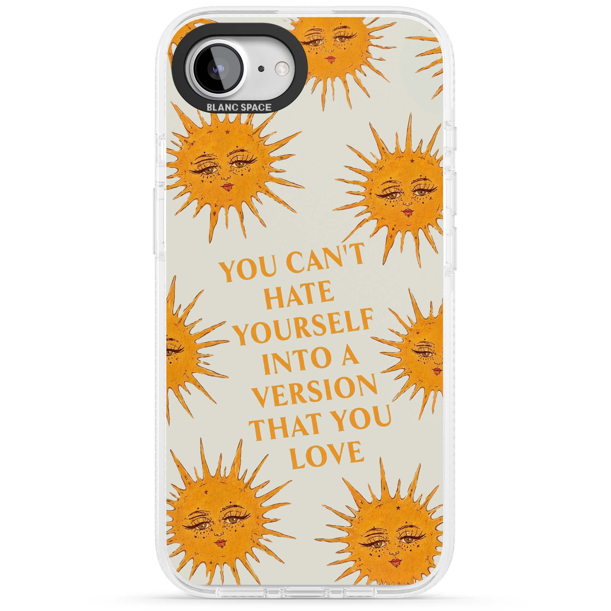 Don't Hate Yourself celestial iPhone case featuring vintage sun faces, ochre rays and a self-love quote | Clear Case Impact Air case for iPhone 16e, iPhone 17e
