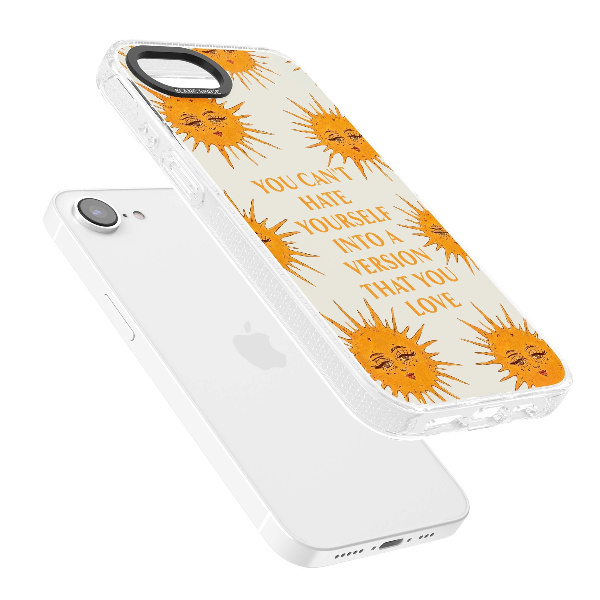 Don't Hate Yourself celestial iPhone case featuring vintage sun faces, ochre rays and a self-love quote | Clear Case Impact Air case for iPhone 16e, iPhone 17e