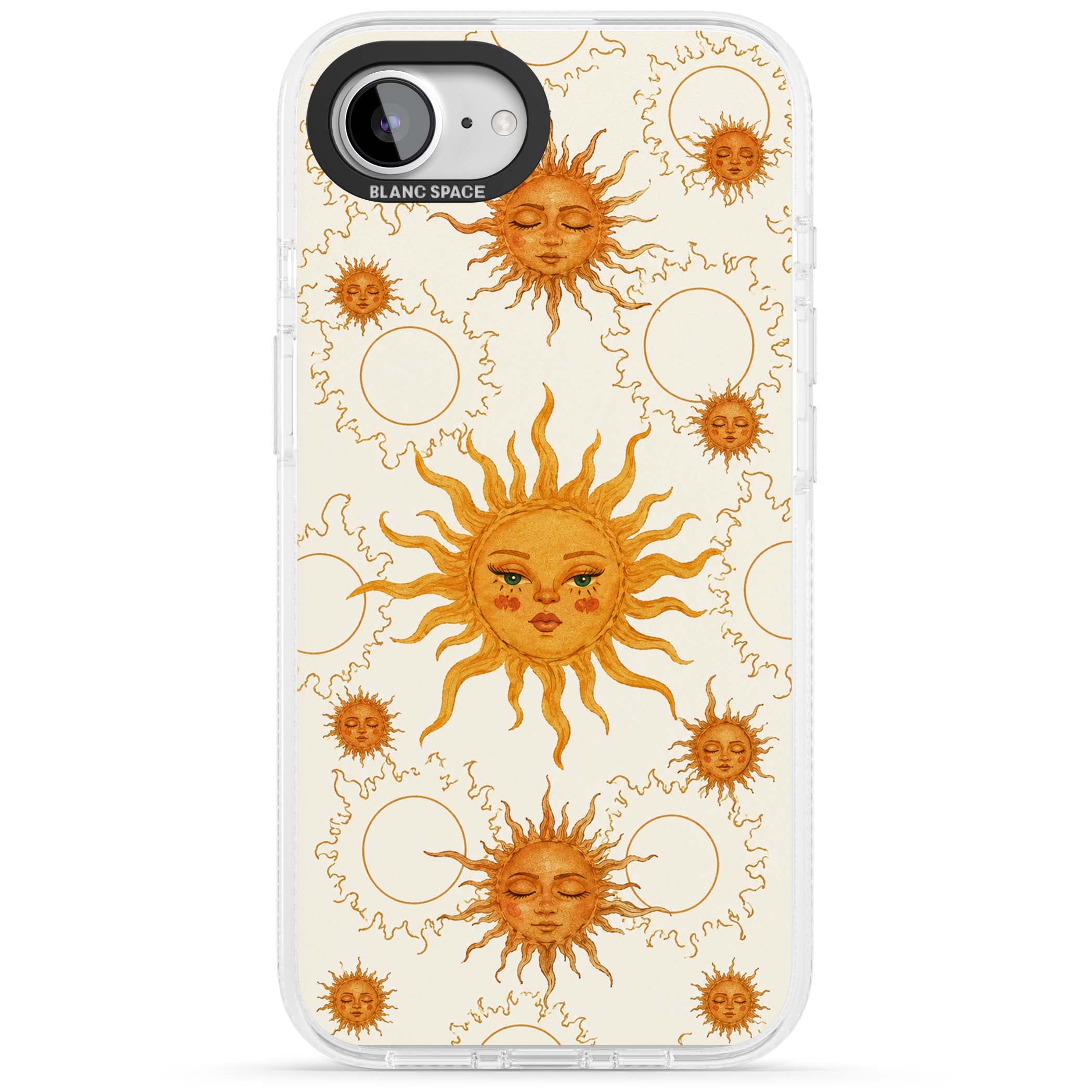 Solstice Muse celestial iPhone case featuring hand-painted golden sun faces, closed-eye sun goddesses and outlined moons... | Clear Case Impact Air case for iPhone 16e, iPhone 17e