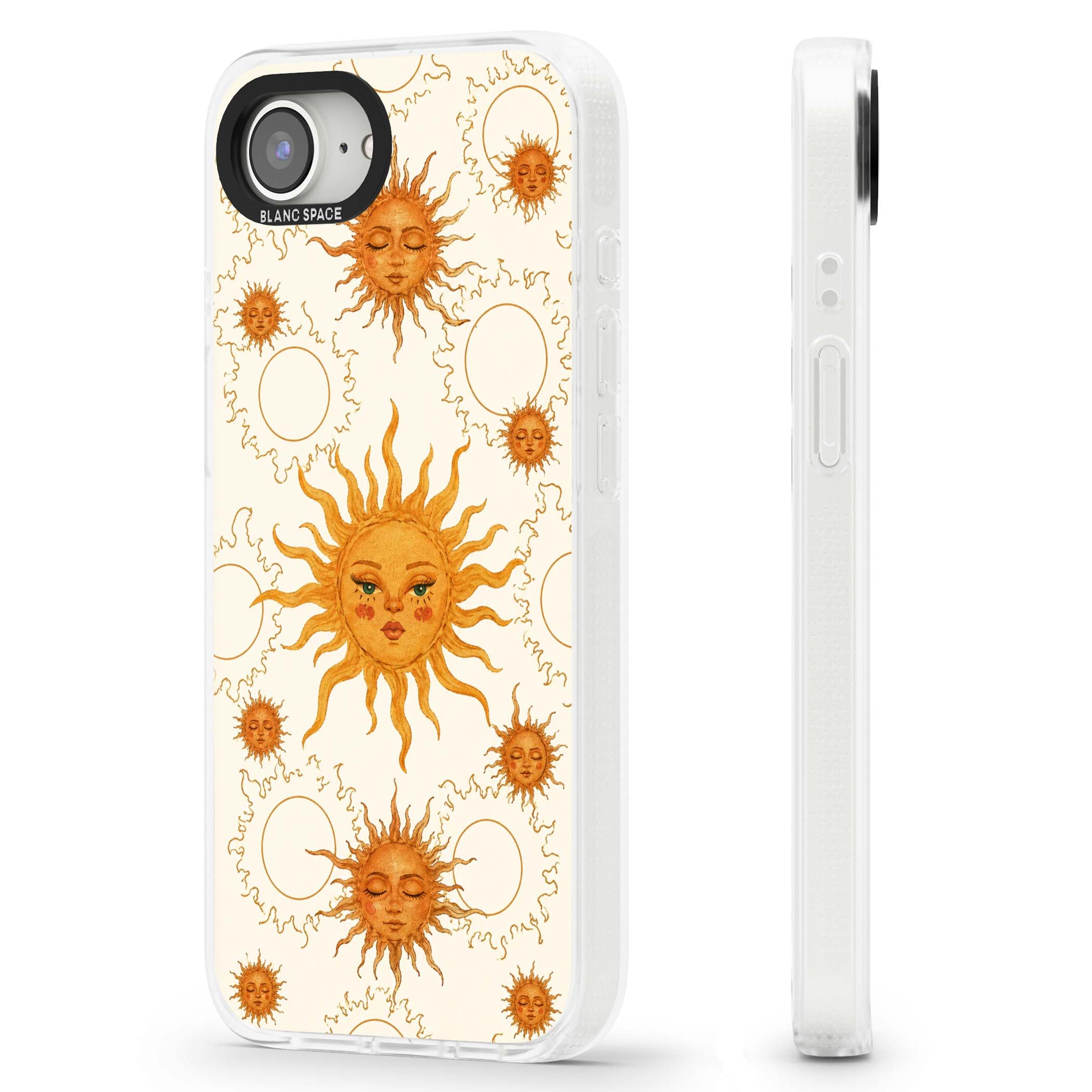 Solstice Muse celestial iPhone case featuring hand-painted golden sun faces, closed-eye sun goddesses and outlined moons... | Clear Case Impact Air case for iPhone 16e, iPhone 17e
