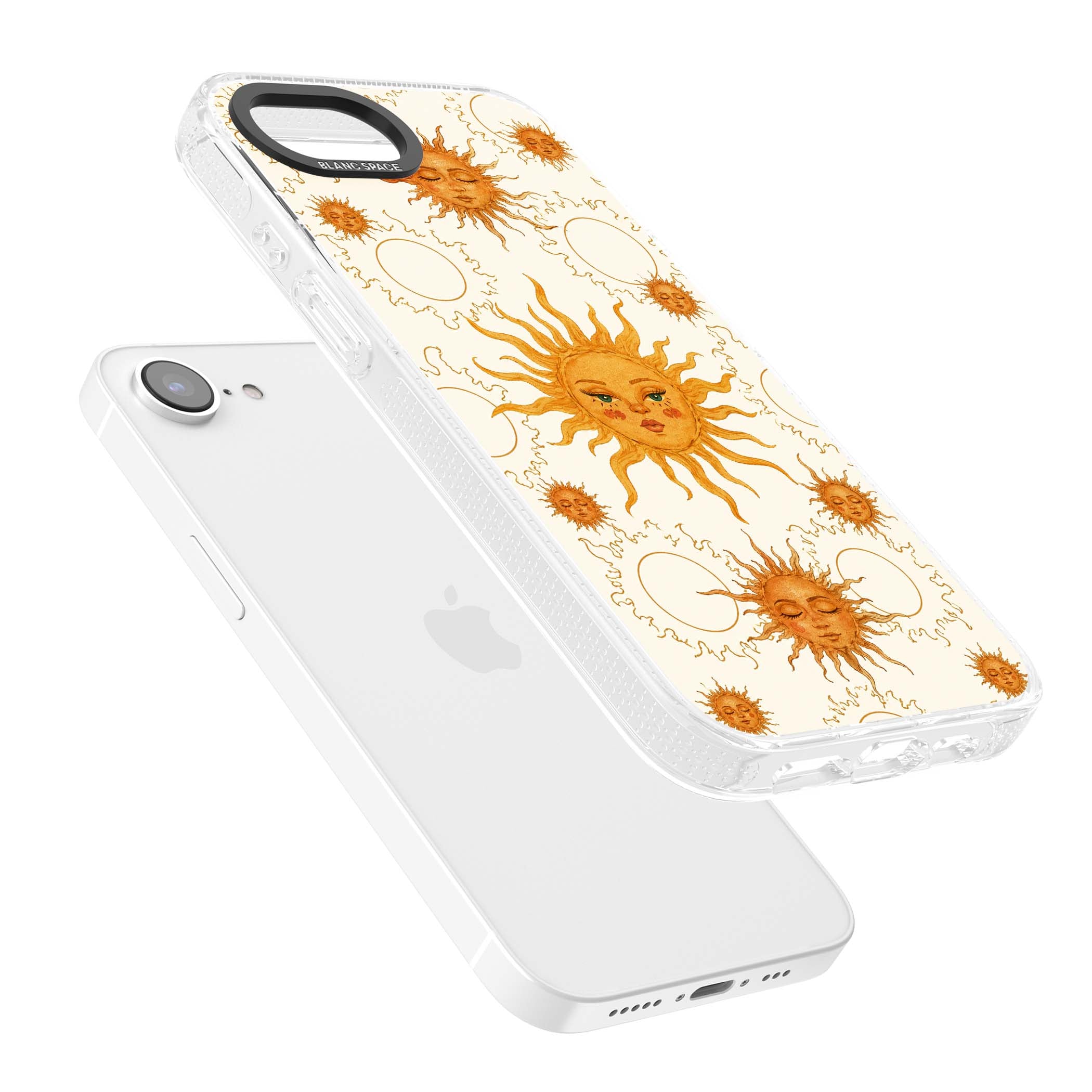 Solstice Muse celestial iPhone case featuring hand-painted golden sun faces, closed-eye sun goddesses and outlined moons... | Clear Case Impact Air case for iPhone 16e, iPhone 17e