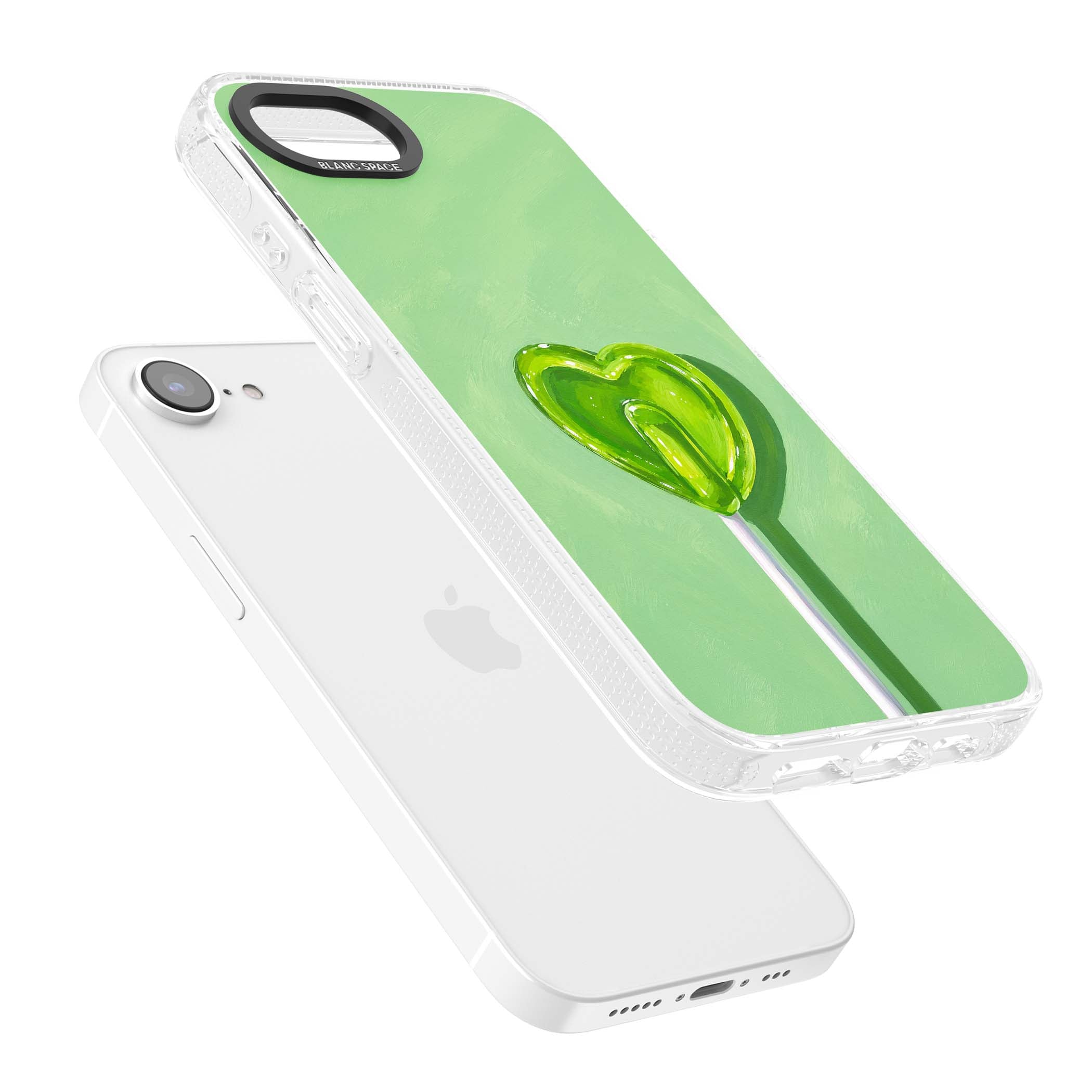 Green Lollipop candy art iPhone case featuring a glossy green heart-shaped lollipop on a painted pastel green background | Clear Case Impact Air case for iPhone 16e, iPhone 17e