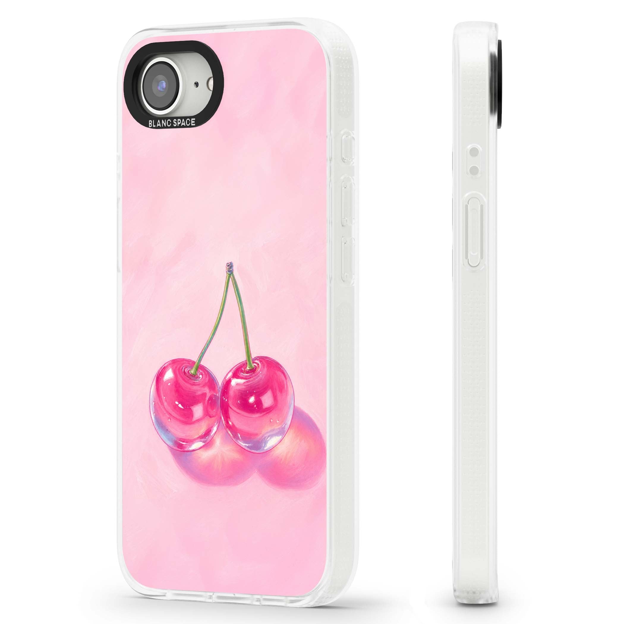 Pink Glass Cherry coquette iPhone case featuring two glossy painted cherries on a soft pink background | Clear Case Impact Air case for iPhone 16e, iPhone 17e