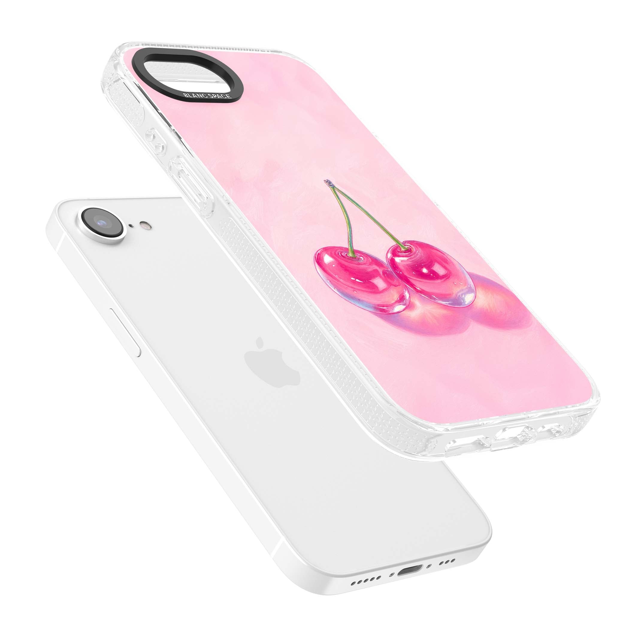 Pink Glass Cherry coquette iPhone case featuring two glossy painted cherries on a soft pink background | Clear Case Impact Air case for iPhone 16e, iPhone 17e