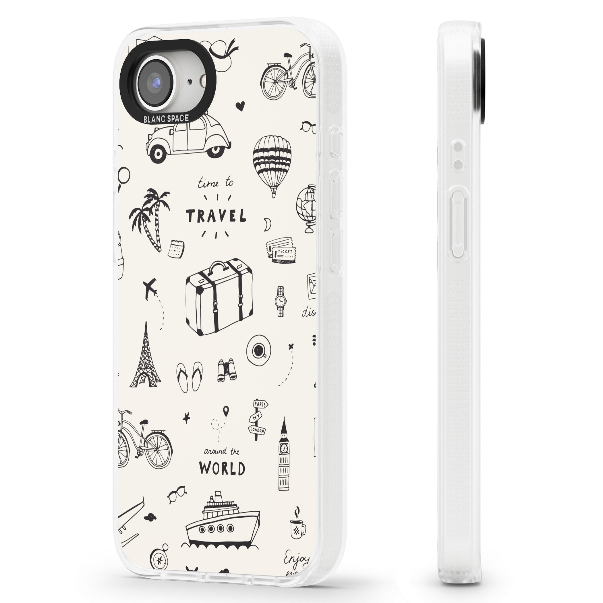 Cute Travel Pattern, White on iPhone 16e Clear Case Impact Air - Blanc Space