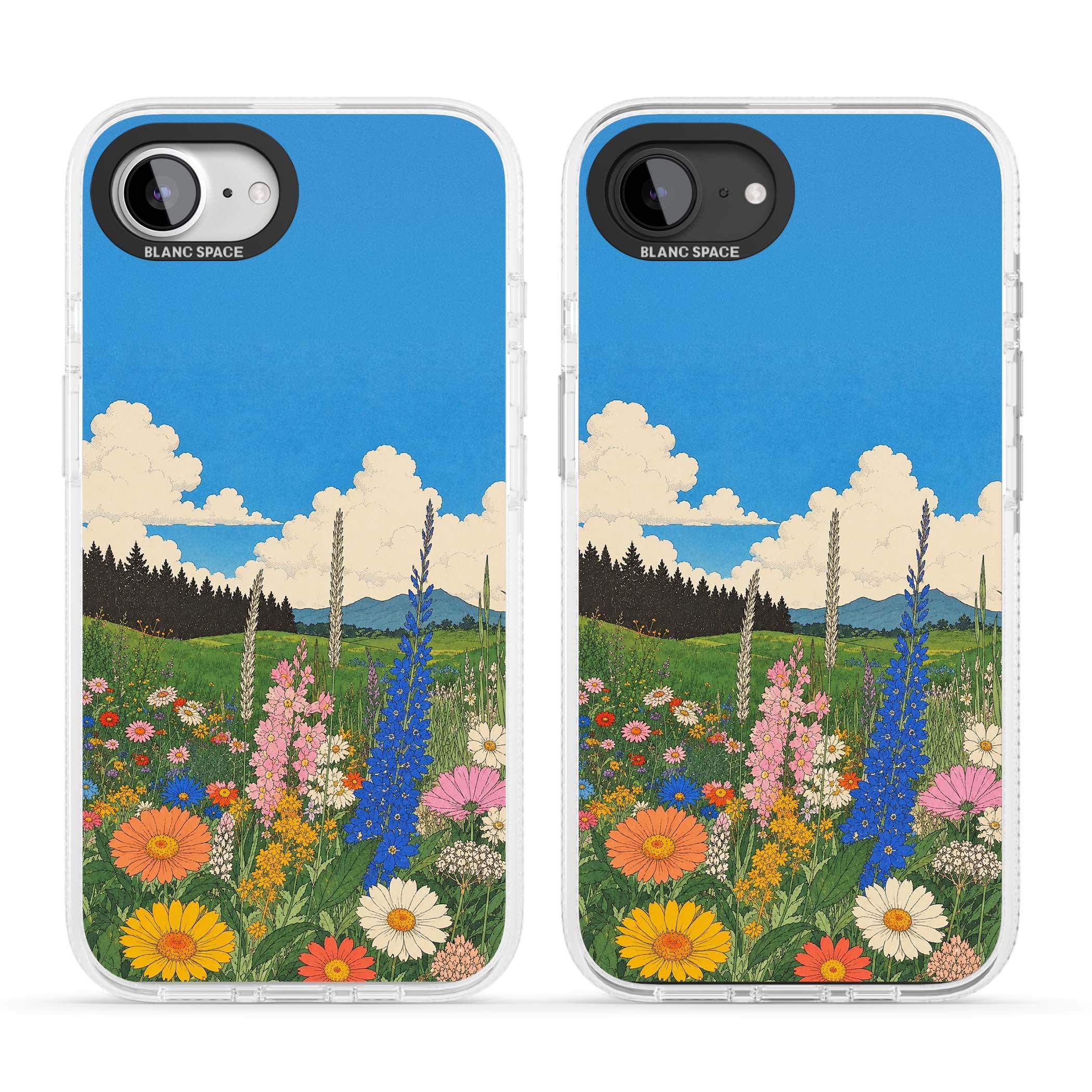 Wildbloom wildflower iPhone case featuring a vintage Japanese-style meadow landscape with daisies, delphiniums and moun | Clear Case Impact Air case for iPhone 16e, iPhone 17e