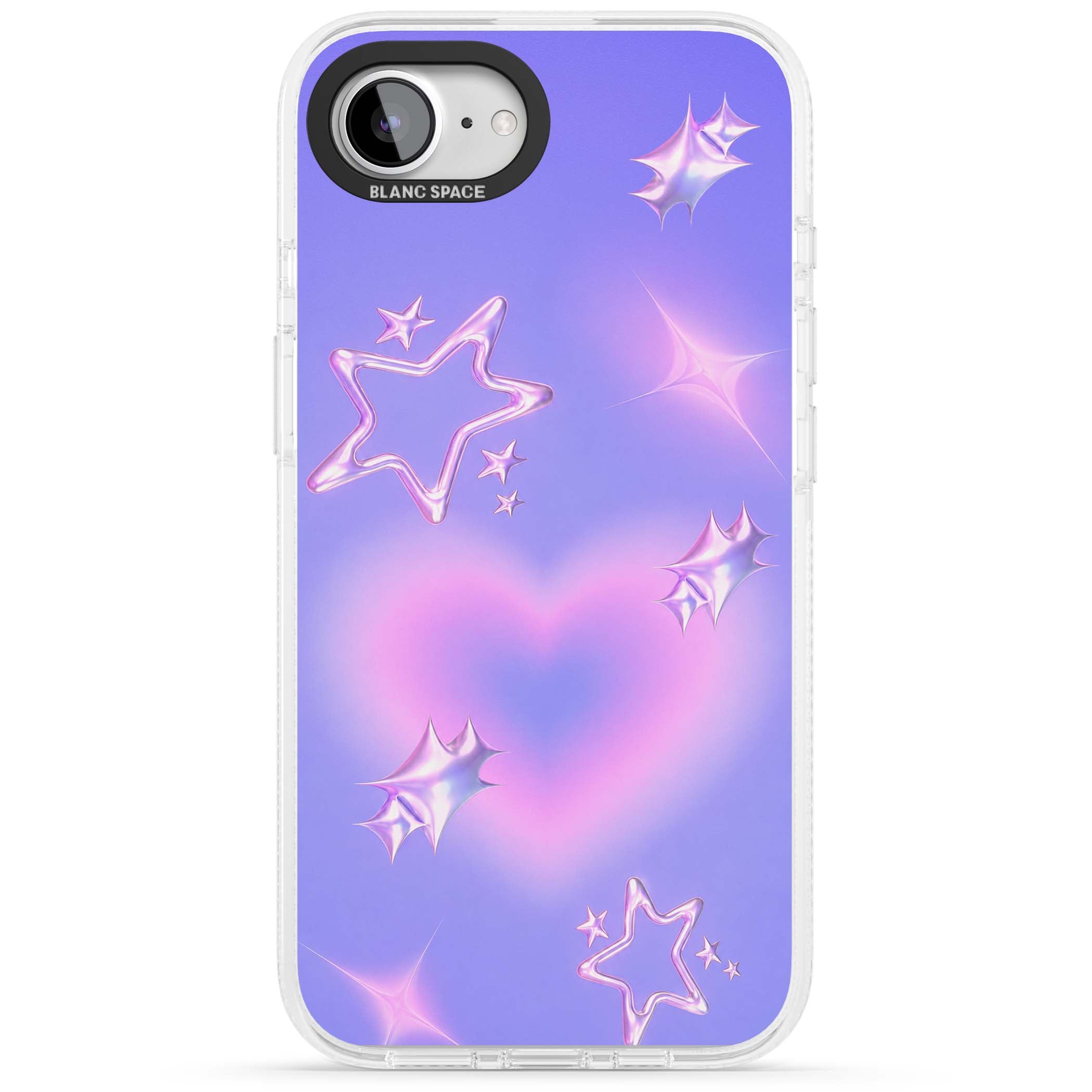 Soft Sugar Y2K iPhone case featuring iridescent chrome hearts, metallic pink stars and a lavender gradient sky | Clear Case Impact Air case for iPhone 16e, iPhone 17e