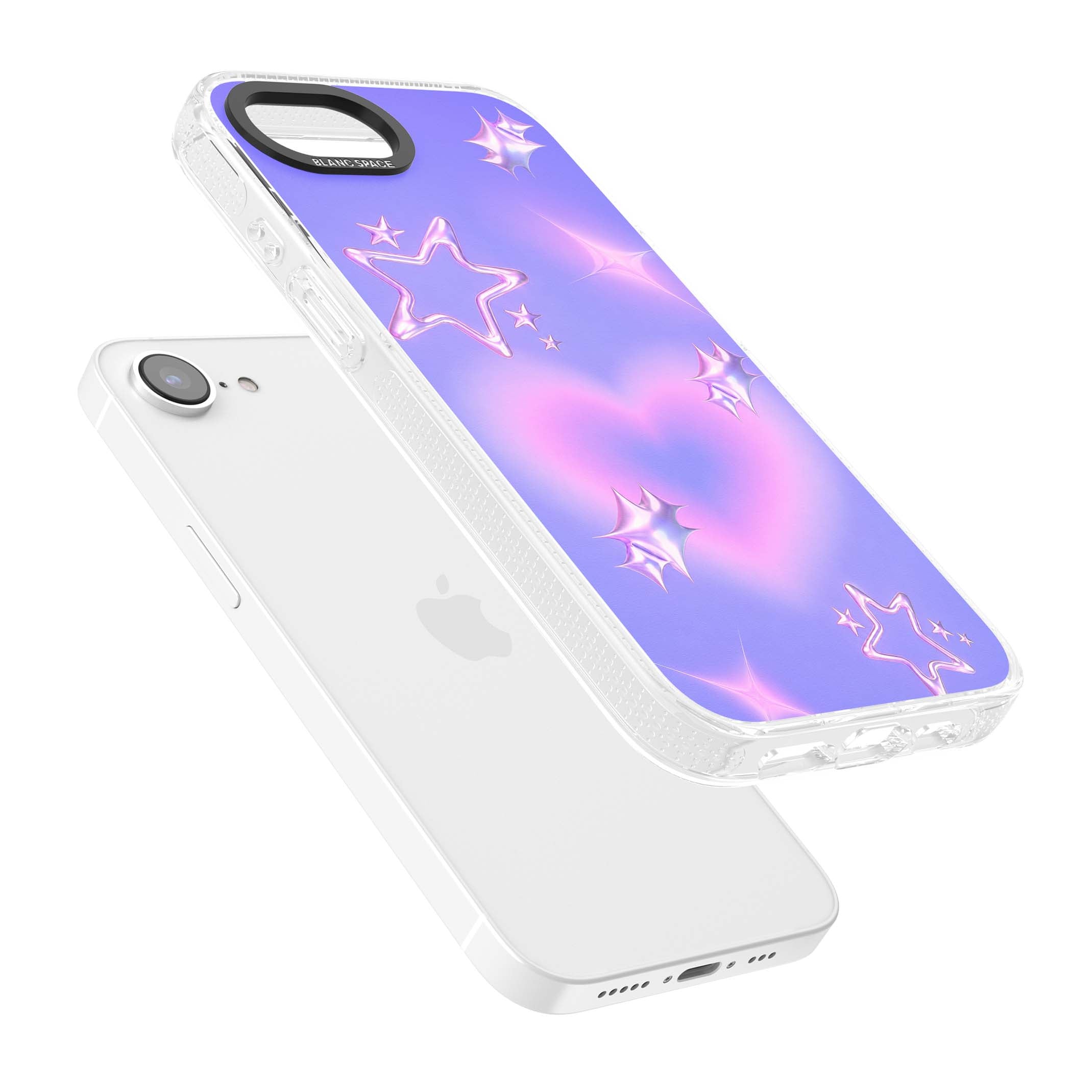 Soft Sugar Y2K iPhone case featuring iridescent chrome hearts, metallic pink stars and a lavender gradient sky | Clear Case Impact Air case for iPhone 16e, iPhone 17e