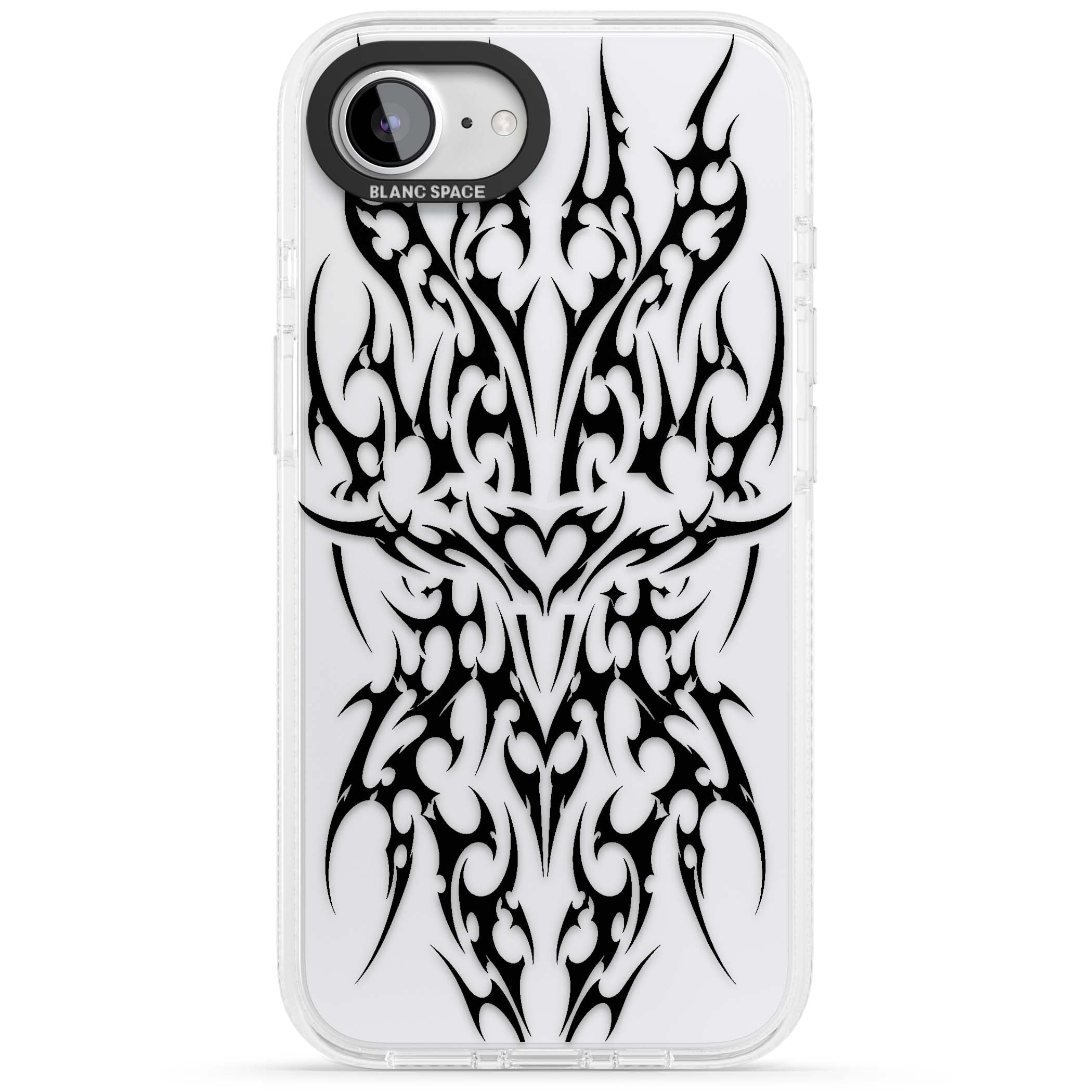 Neo Tribal Heart gothic iPhone case featuring symmetrical black tribal tattoo art with sharp thorn-like linework | Clear Case Impact Air case for iPhone 16e, iPhone 17e