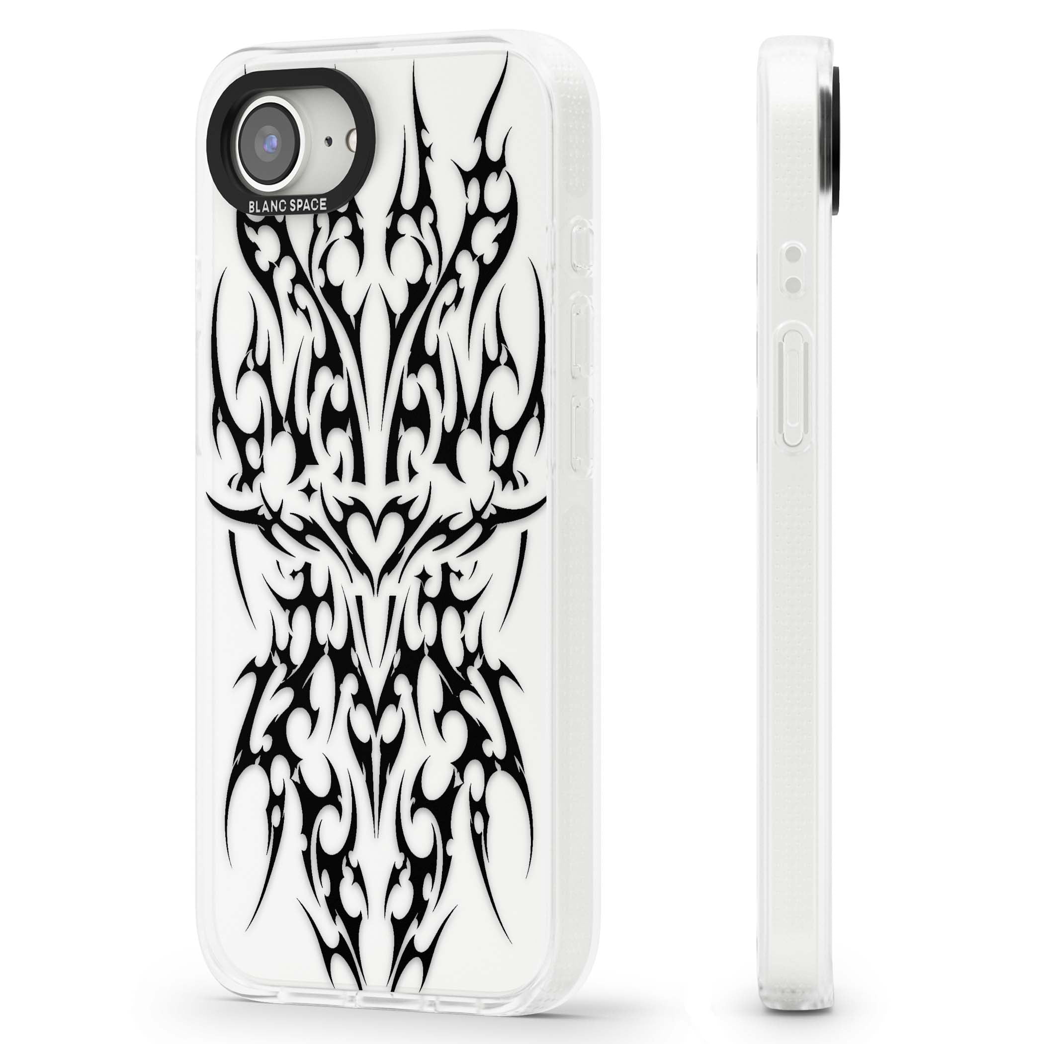 Neo Tribal Heart gothic iPhone case featuring symmetrical black tribal tattoo art with sharp thorn-like linework | Clear Case Impact Air case for iPhone 16e, iPhone 17e