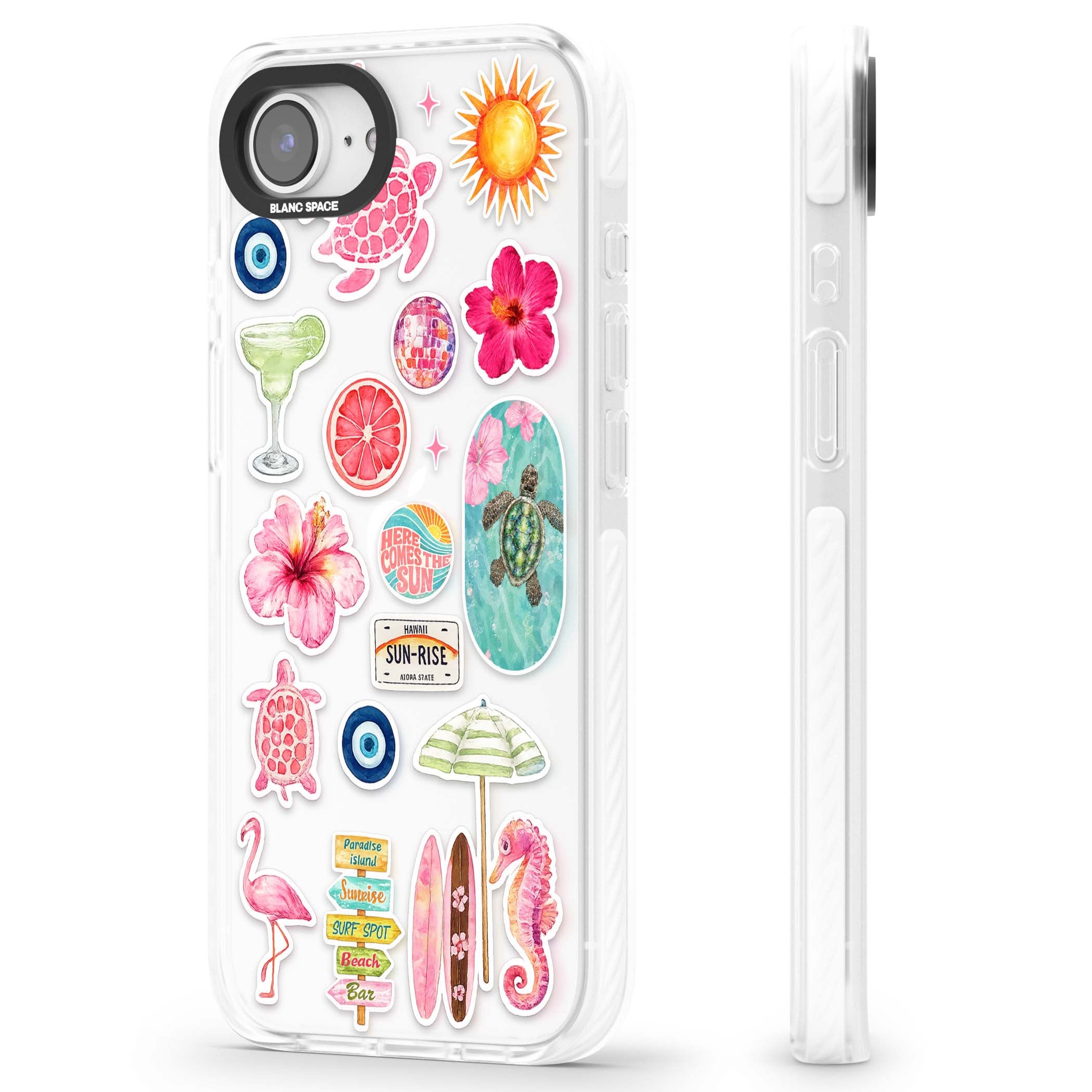 Aloha Sticker Mix tropical summer iPhone case featuring pink hibiscus, sea turtles, flamingo and beach umbrella stickers | Clear Impact case for iPhone 16e, iPhone 17e