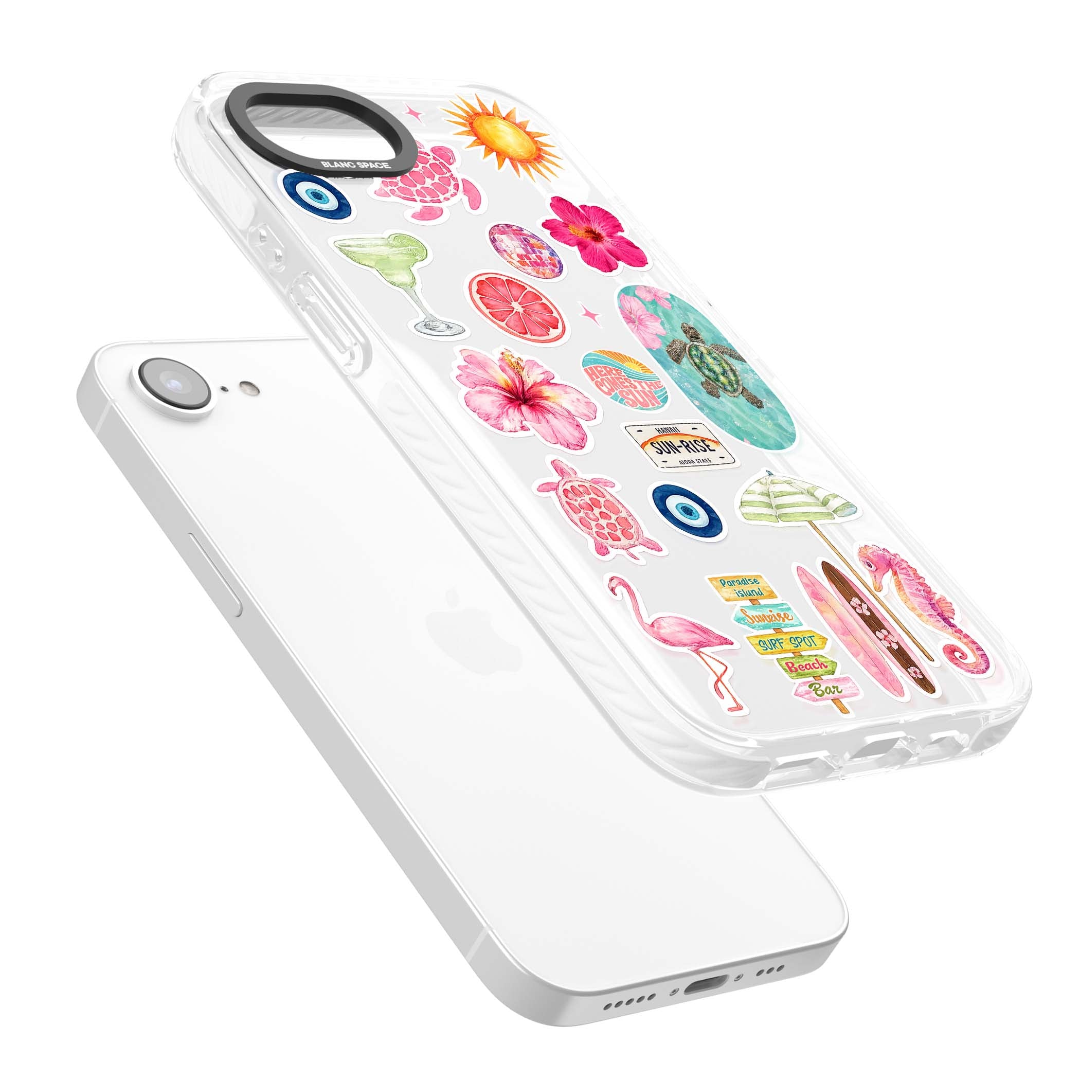 Aloha Sticker Mix tropical summer iPhone case featuring pink hibiscus, sea turtles, flamingo and beach umbrella stickers | Clear Impact case for iPhone 16e, iPhone 17e