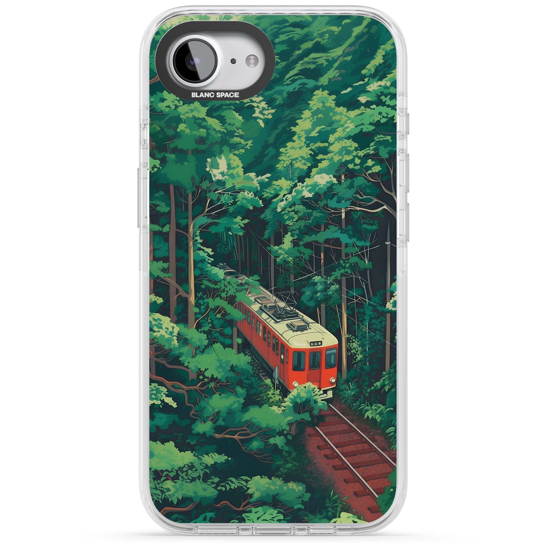 Railway In Toyama Japanese iPhone case featuring a red train, cedar forest and winding mountain railway tracks | Clear Impact case for iPhone 16e, iPhone 17e