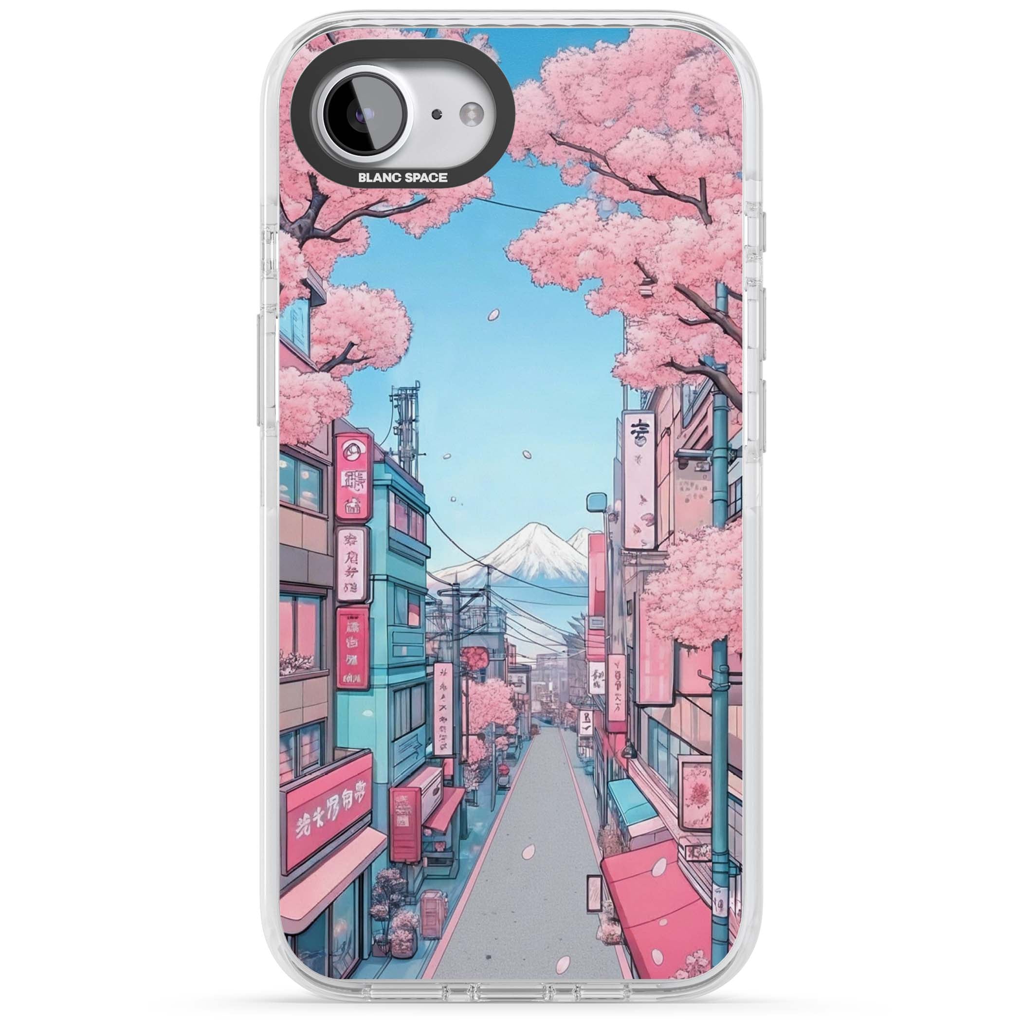 Sakura Lane anime iPhone case featuring Tokyo street scene with cherry blossoms and Mount Fuji | Clear Impact case for iPhone 16e, iPhone 17e