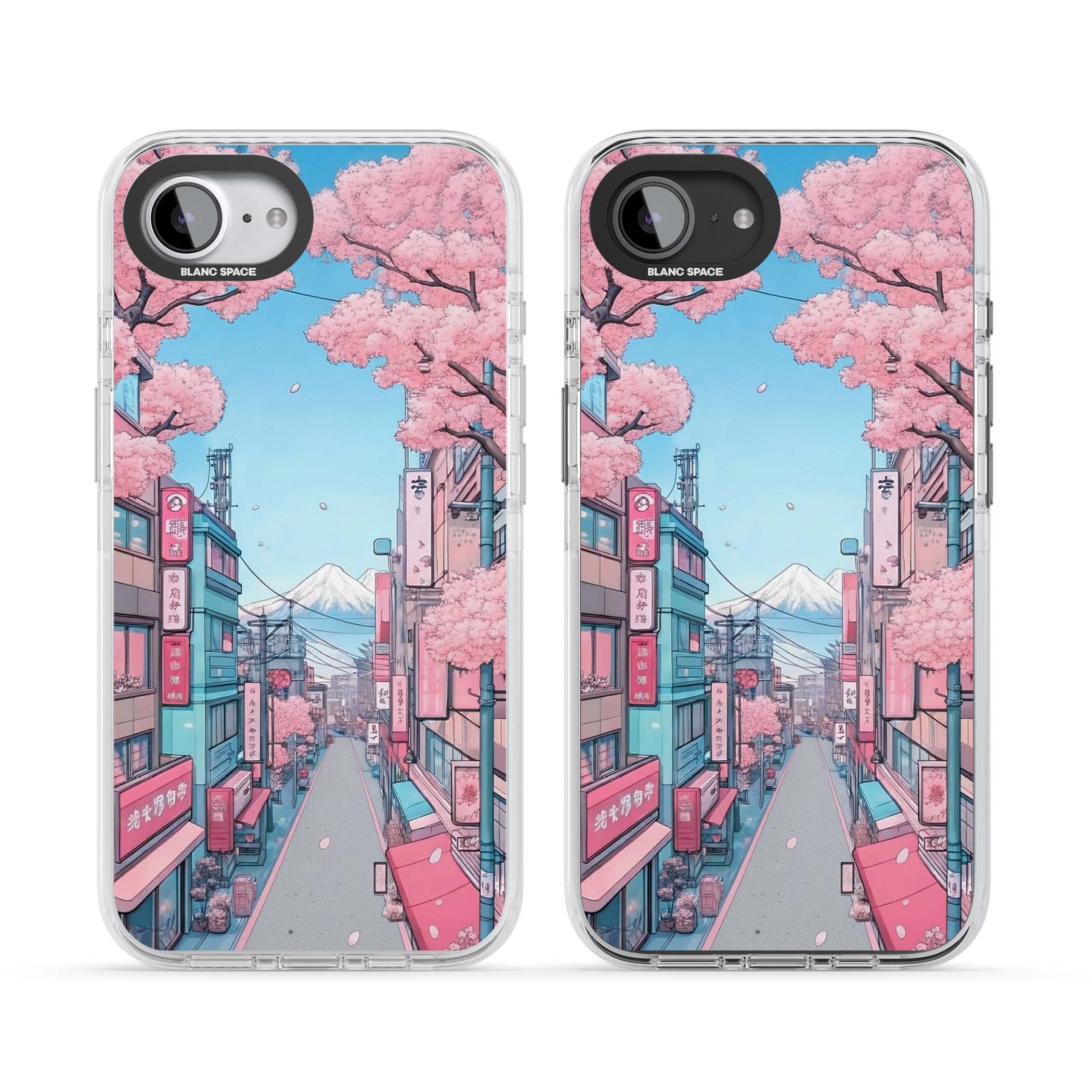 Sakura Lane anime iPhone case featuring Tokyo street scene with cherry blossoms and Mount Fuji | Clear Impact case for iPhone 16e, iPhone 17e