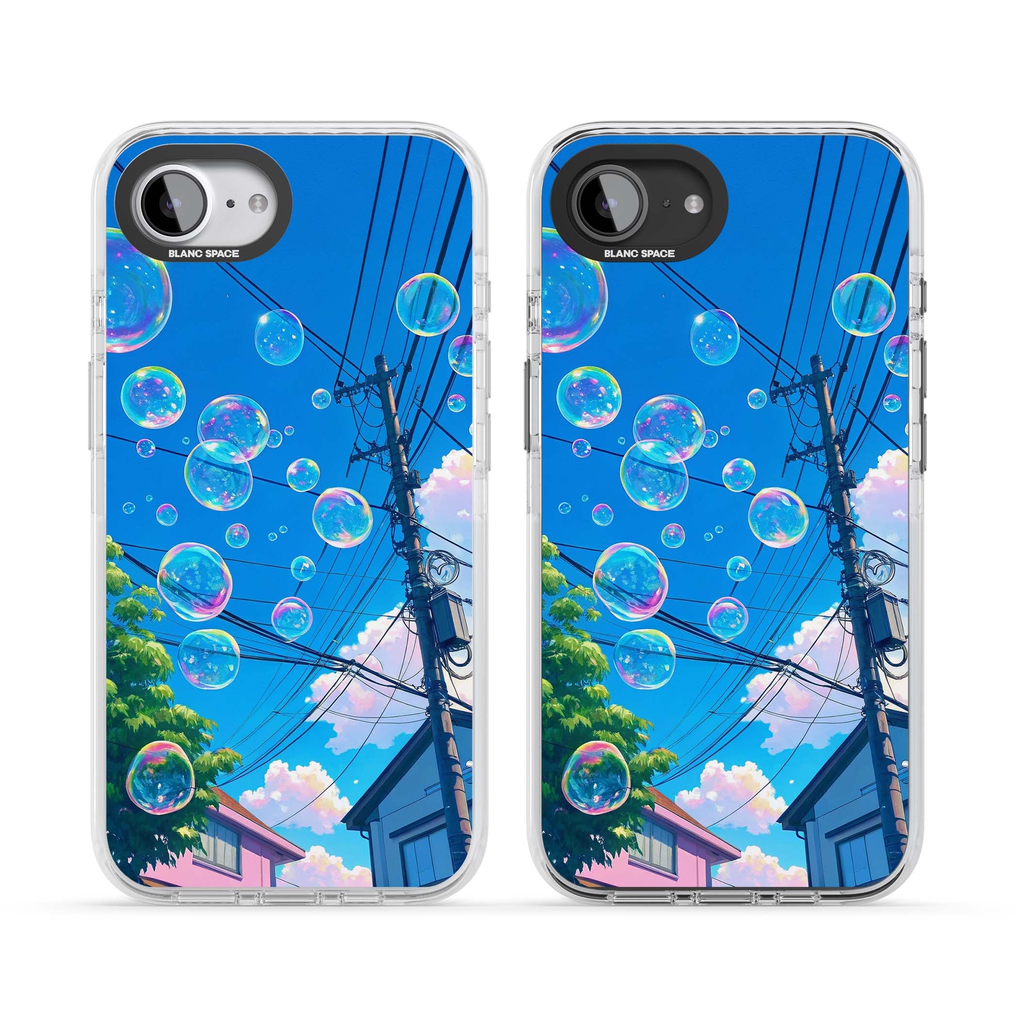 Suburban Bubbles anime iPhone case featuring iridescent soap bubbles, blue sky and Japanese telephone wires | Clear Impact case for iPhone 16e, iPhone 17e