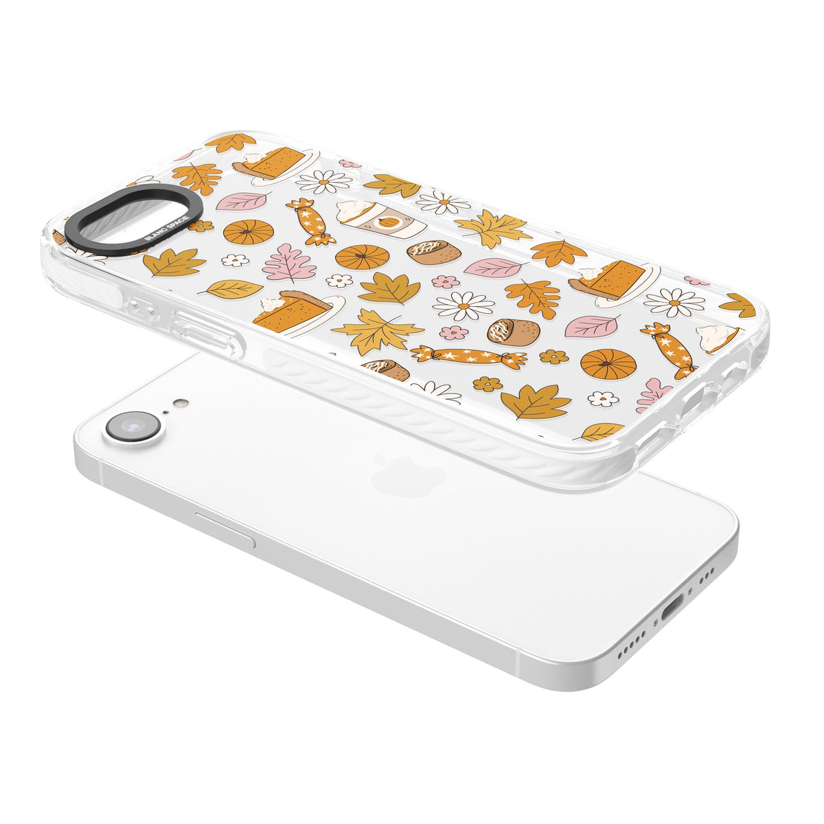 Pumpkin Spice iPhone 16e / iPhone 17e Impact Clear Phone Case angled