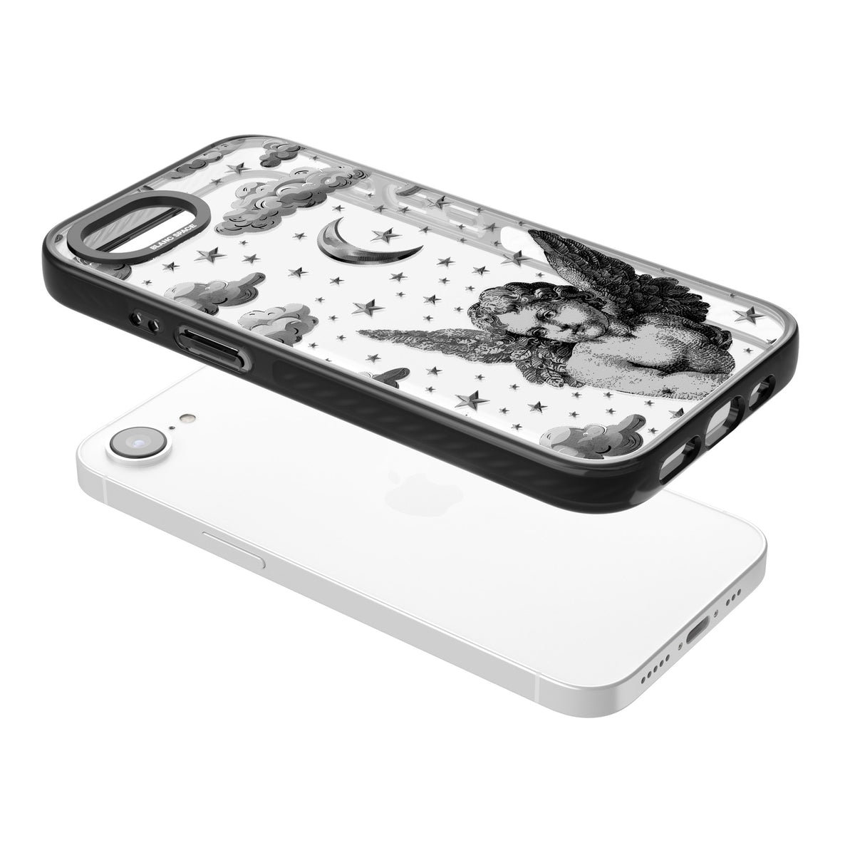 Celestial Cherub iPhone 16e / iPhone 17e Impact Black Phone Case angled