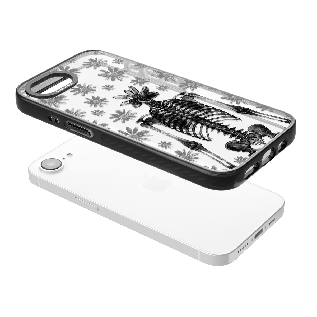 Skeleton Flower iPhone 16e / iPhone 17e Impact Black Phone Case angled