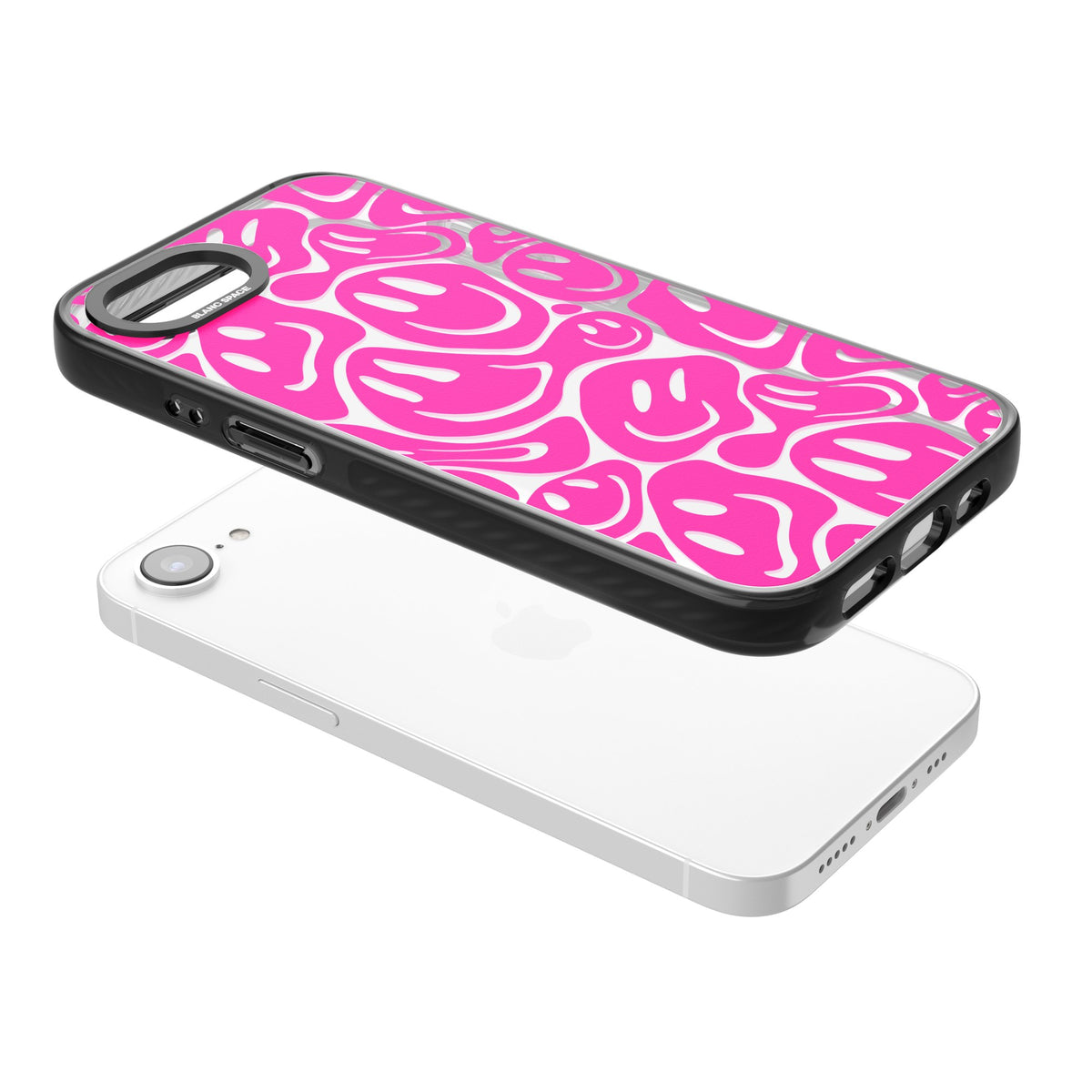 Pink Acid Faces iPhone 16e / iPhone 17e Impact Black Phone Case angled