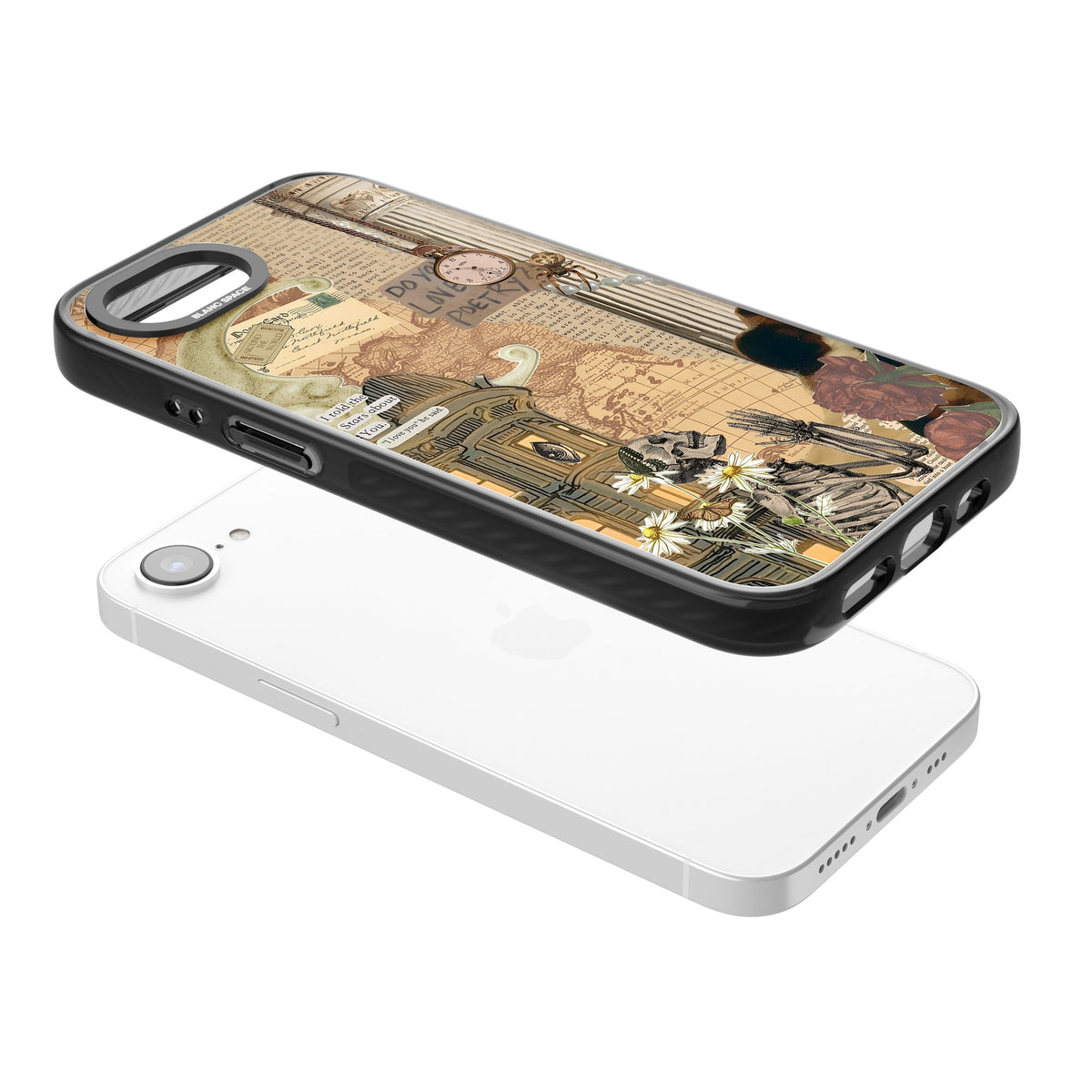 Skeleton Poetry iPhone 16e / iPhone 17e Impact Black Phone Case angled