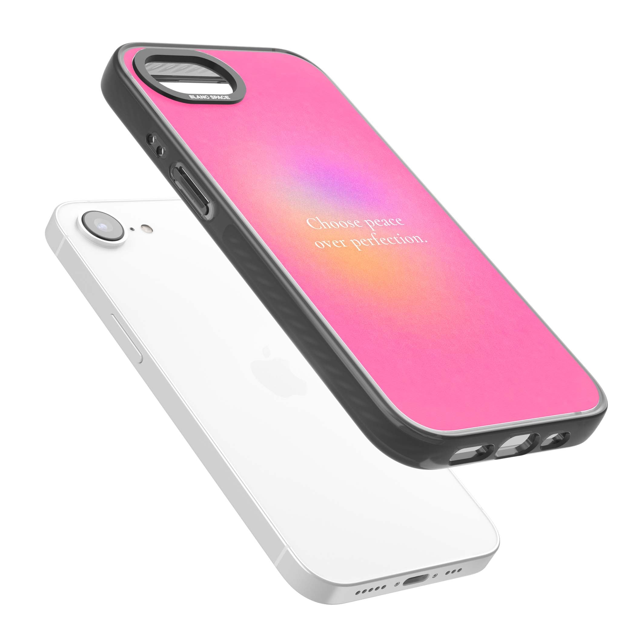 Peace Over Perfection quote iPhone case featuring a dreamy pink aura gradient and delicate white affirmation text | Black Impact case for iPhone 16e, iPhone 17e