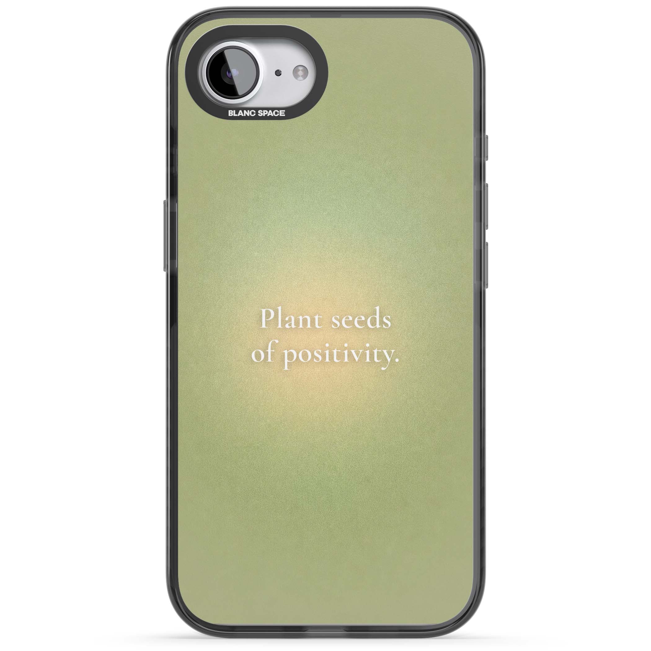 Seeds of Positivity quote iPhone case featuring a sage green aura gradient and golden glow affirmation | Black Impact case for iPhone 16e, iPhone 17e